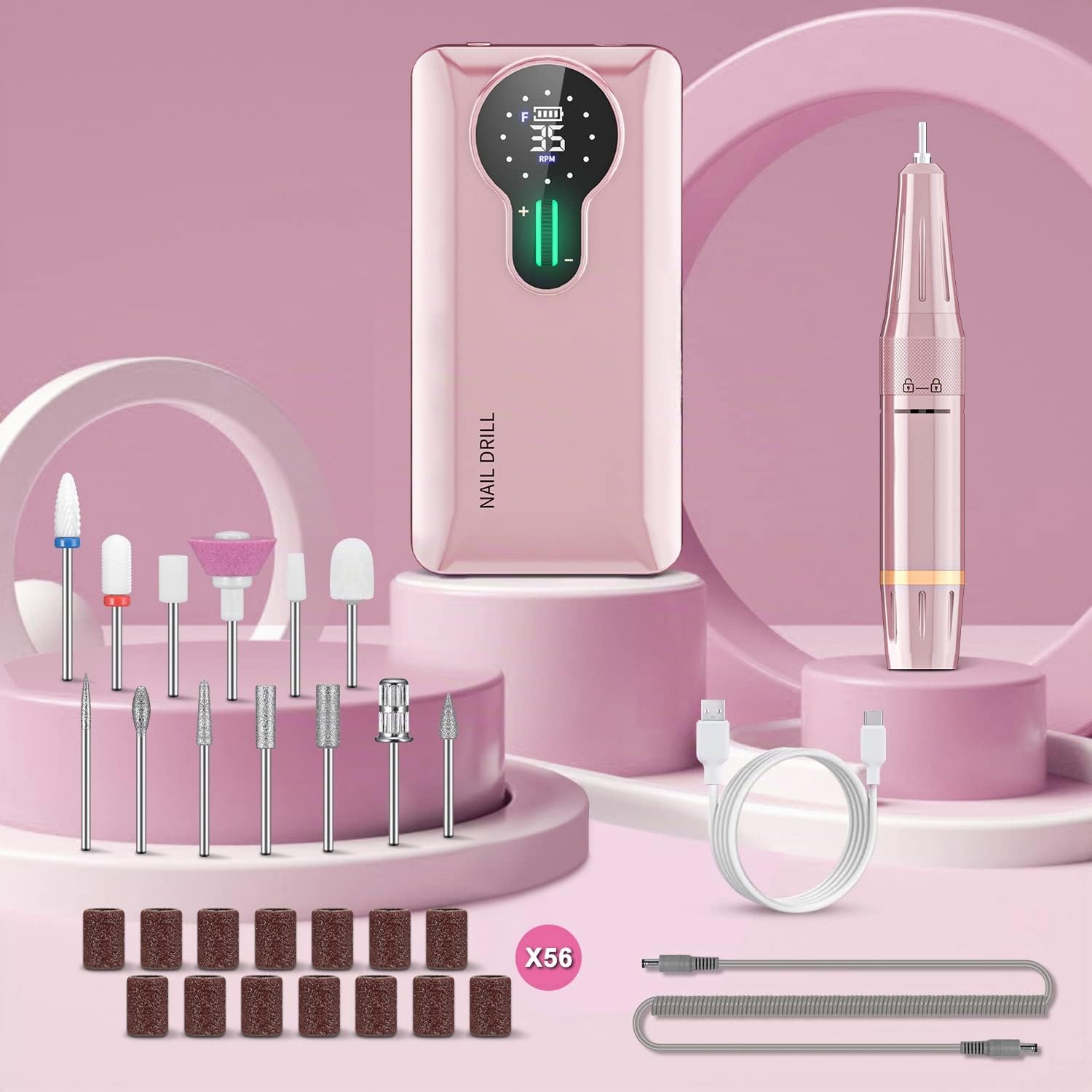 Ponceuse pour Ongles Professionnelle 35000 RPM, Autonomie 20H Lime à Ongles Électrique Rechargeable, Kit Manucure Sans Fil avec 13 Embouts & 56 Bandes Abrasives, Écran LCD, Rose (Pro)