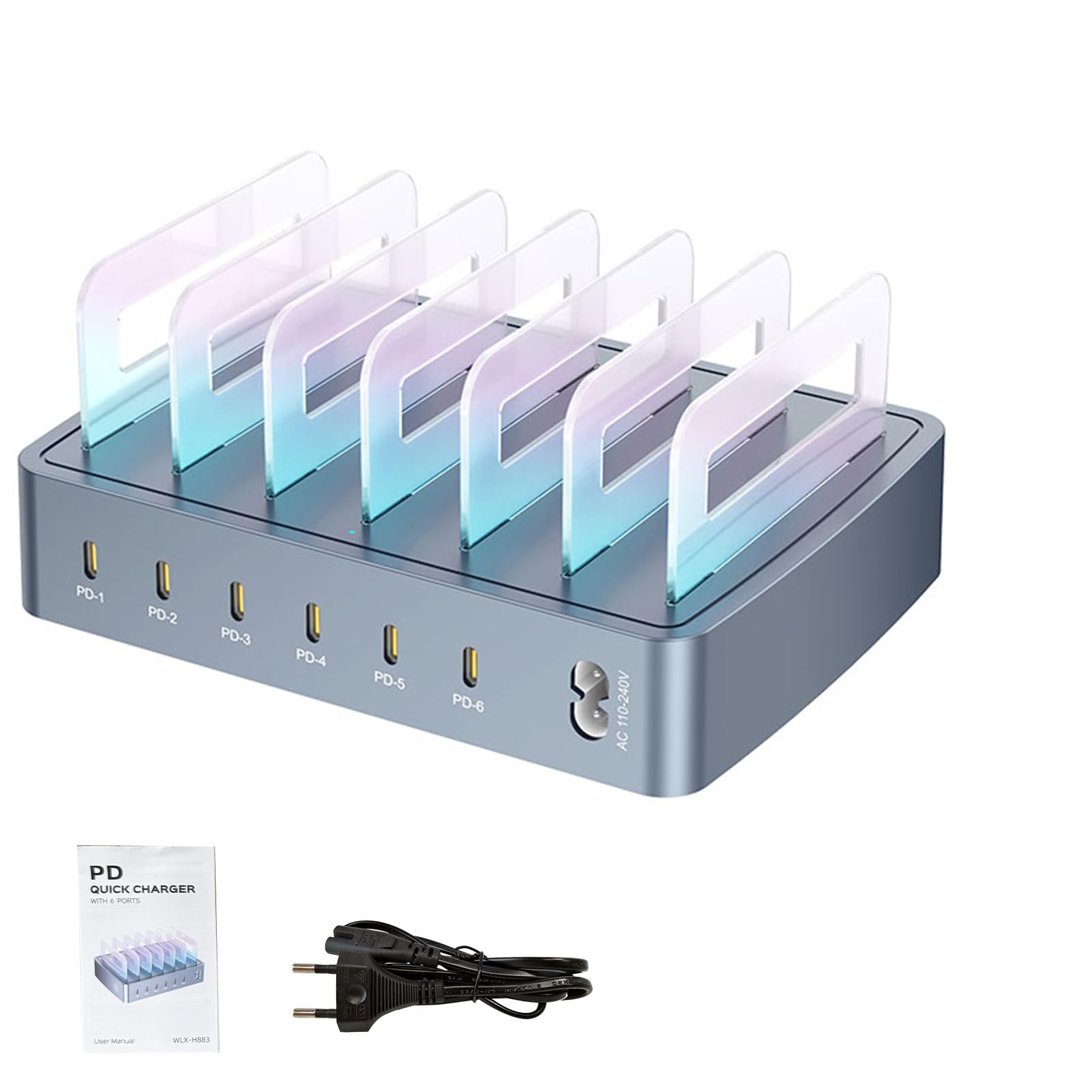 Caricatore da Tavolo con Stazione di Ricarica Multiporta da 120 W con Luce RGB e Ricarica Rapida per Viaggi o Ufficio (Spina europea)