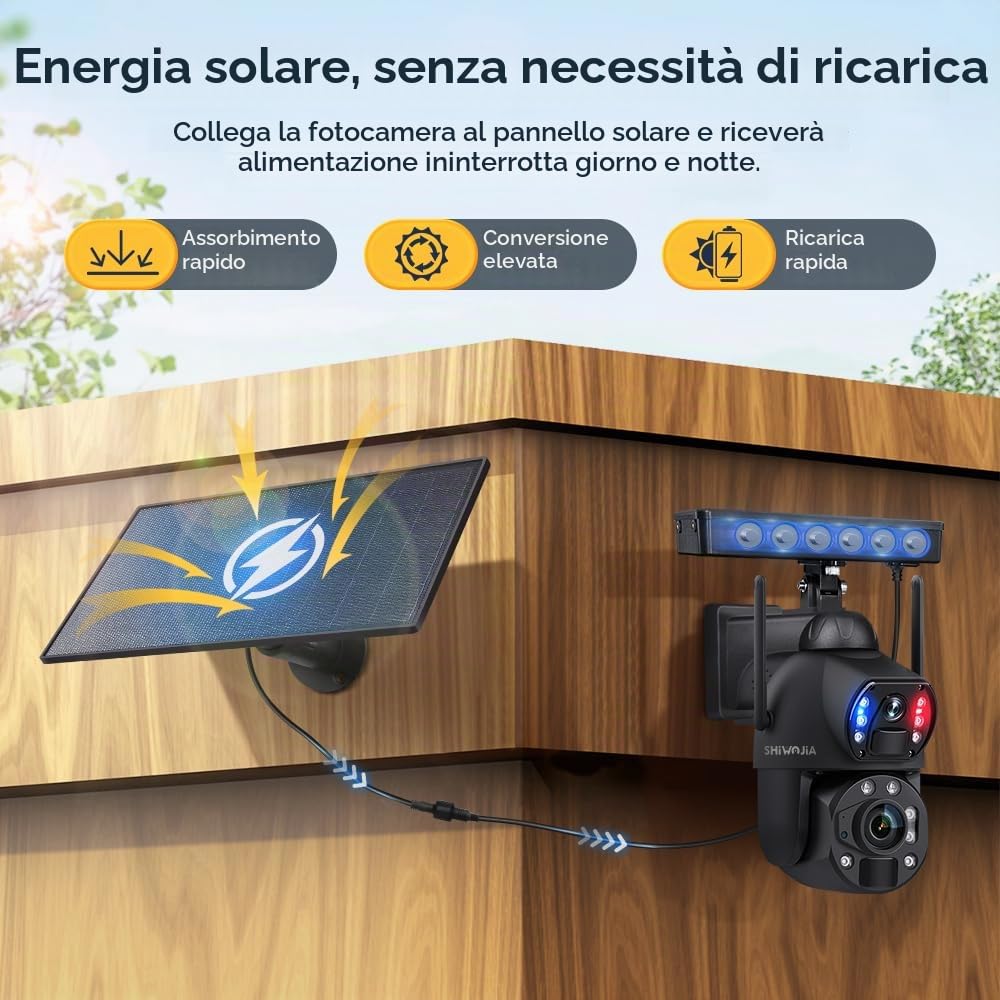 SHIWOJIA 36X Telecamera di Sorveglianza WiFi Esterno, 6 MP 360° PTZ Telecamera Esterna Solare con Doppia Lente, 100m Visione Notturna a Colori, PIR Smart Detection, Audio Bidirezionale