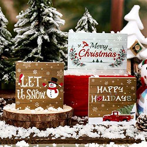 3 Pieces Christmas Tiered Tray Wood Signs Farmhouse Tray Decor Wooden Table Sign Christmas Inspired for Xmas Party Home Crafts Decorations DIY Decor Rustic Mini Wood Kitchen Signs