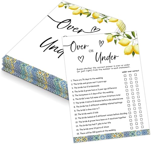 Azulejos azules y limones sobre o debajo del juego para 30 invitados con tarjetas de juego, juego de limones para despedida de soltera, decoraciones