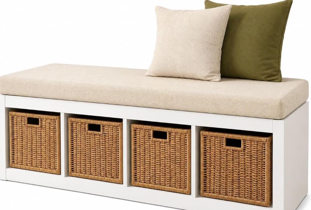 SLUMBER HOME Bench Cushion for IKEA KALLAX, High Density Foam Seat Pad for Storage Unit,Shoe Rack, TV Stand, Hallway & Window Seat (Cream, 3 Cube (1×3) 112 × 39 cm, Rectangular)