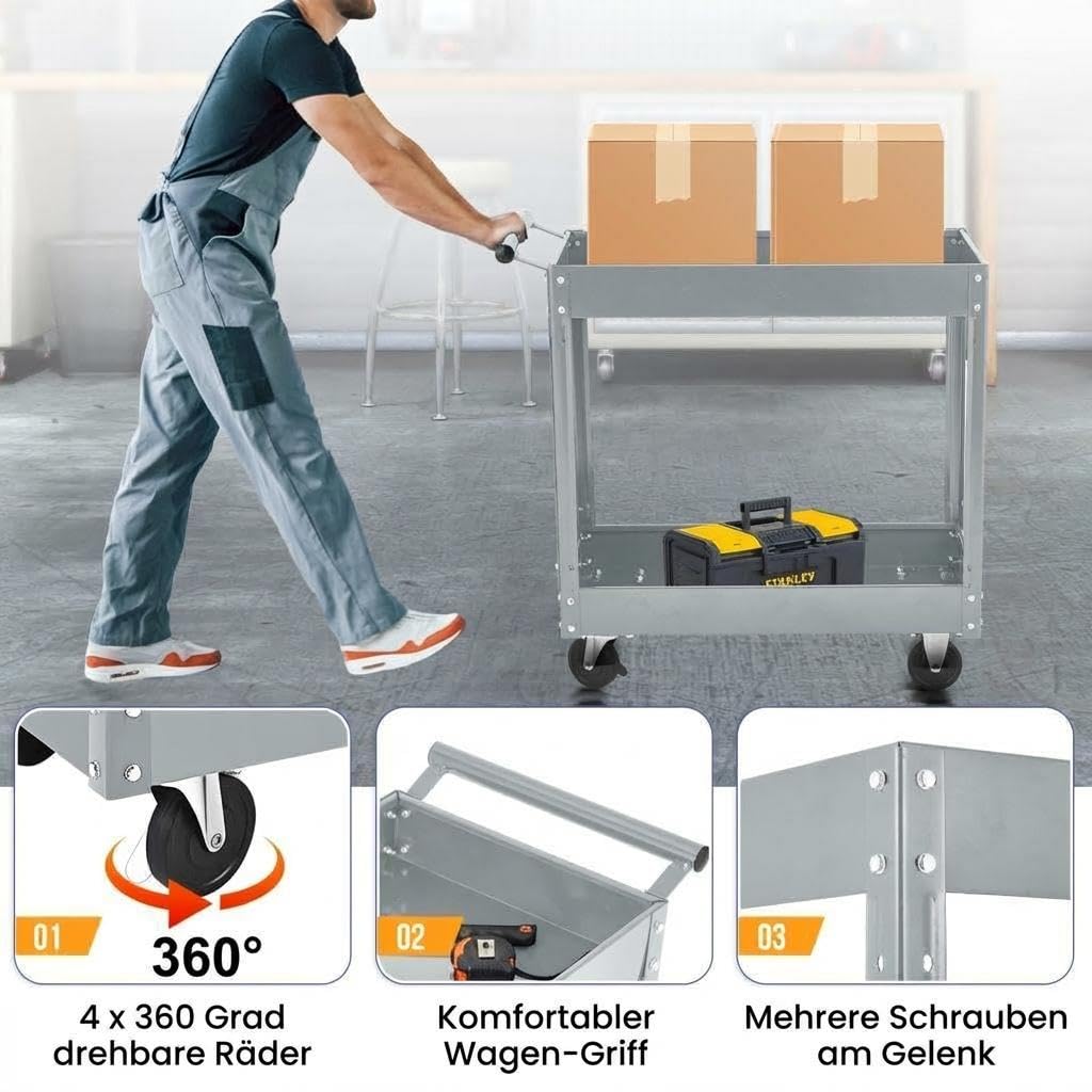 Werkzeugwagen Rollbar 2 Ebenen, Bis 150 kg Belastbar, Metall Werkstattwagen Mit Rollen, Schwerlast Servicewagen Mit Ablagen, Werkzeugwagen Für Garage, Werkstatt, Lager & KFZ-Reparatur, Grau