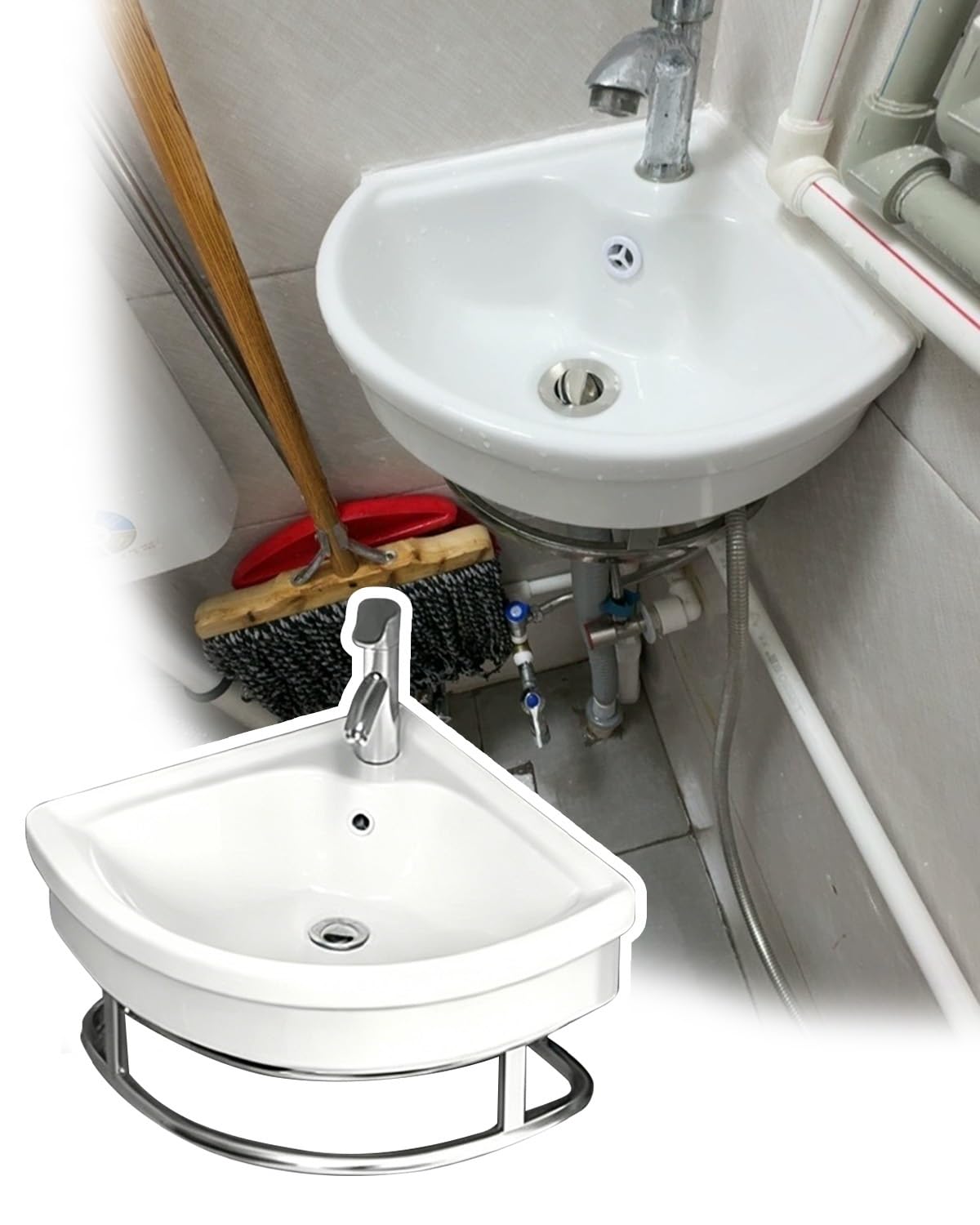 Lavabo Suspendido Esquinero Lavabo de Esquina Mural para Baños Pequeños, Lavabo de Cerámica con Ducha para Aseos, Baños de Invitados o Casas Móviles, Minilavabo(30x30cm (11 3/4x11 3/4"))