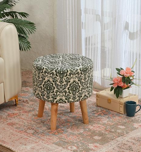 Image of NACIA Printed Ottoman Stool Set of 2 | Soft Cushioned Velvet Pouf Footrest with Wooden Legs | Decorative Seating Stool for Bedroom Living Room Home & Office (16x16x17 Inch, Green Damask)