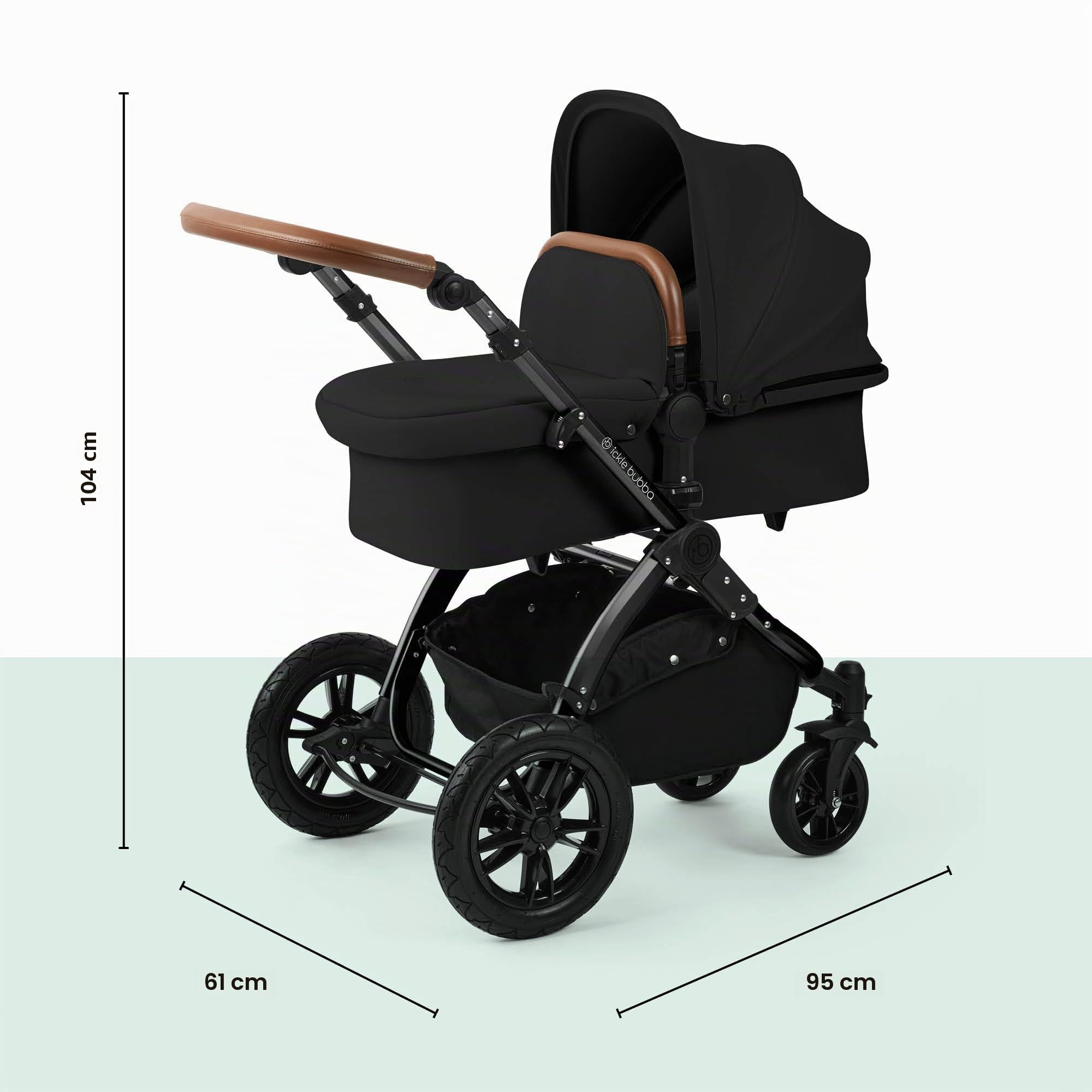 Système de voyage Ickle Bubba Stomp Luxe 12 pièces avec siège auto i-Size Nimbus et base ISOFIX pivotante à 180° – De la naissance à 22 kg (environ 4 ans) (Minuit/Beige, Châssis noir)