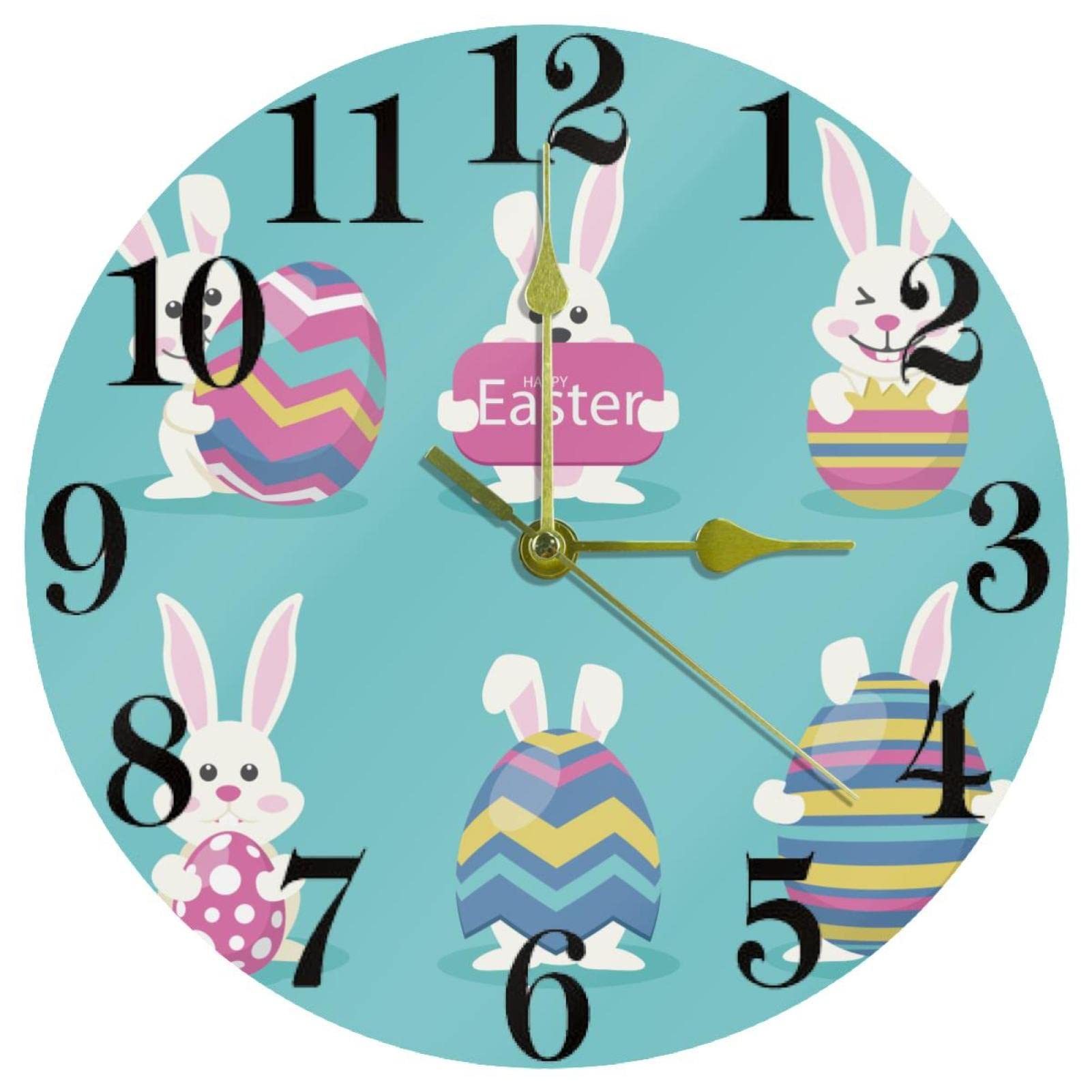 Horloge murale lapin de Pâques 25,4 cm ronde à quartz silencieuse pour cuisine et bureau