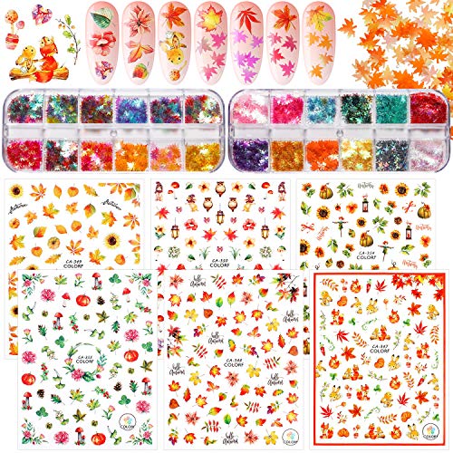 24 Colors Maple Leaf Nail Sequins 6 Sheets Fall Nail Stickers Autumn Nail Stickers Fall Leaf Glitter Nail Sequins for DIY Nail Art Tips Face Body Eye Festival Halloween Thanksgiving Party Decorations