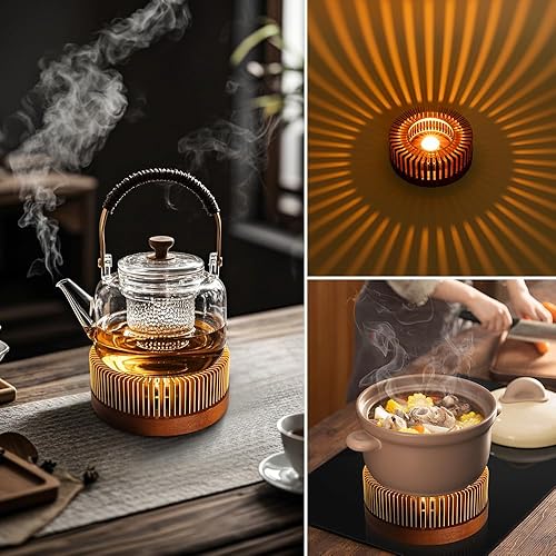 Miniatura 2 de Calentador de tetera, calentador de té de aluminio con base de madera, calentador de velas para calentar té, café, leche, alimentos, camping y
