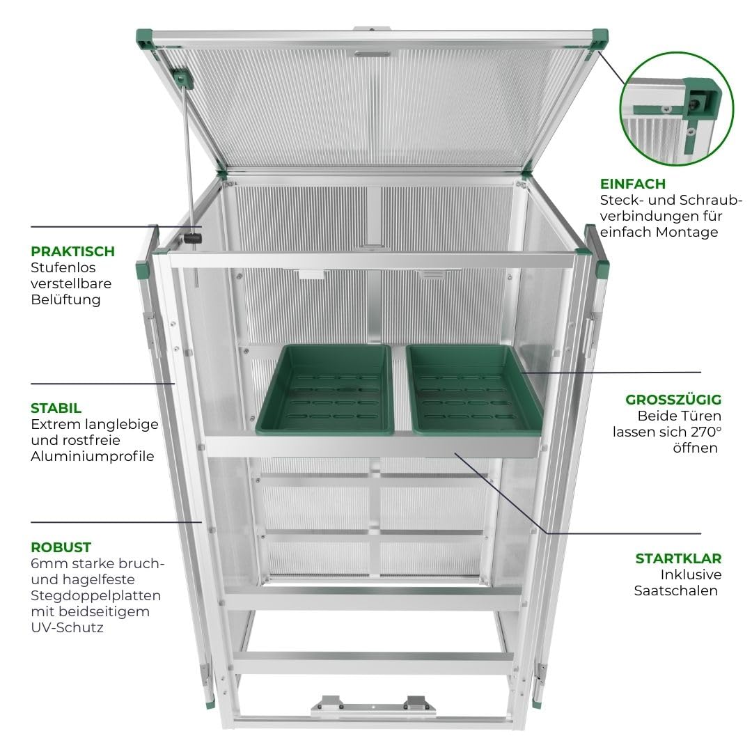 Beckmann Aussaat- & Anzuchthaus für Balkon & Terrasse – Premium Mini-Gewächshaus (87x44x140 cm) – Stabiles Alu-Pflanzenregal mit 6 mm Stegdoppelplatten & UV-Schutz – Inkl. Saatschalen & Belüftung