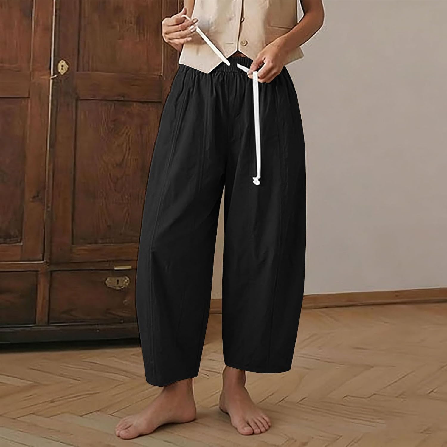Women's Baggy Barrel Pants High Waisted Wide Leg Casual Elastic Drawstring Cropped Loose Trousers with Pocket