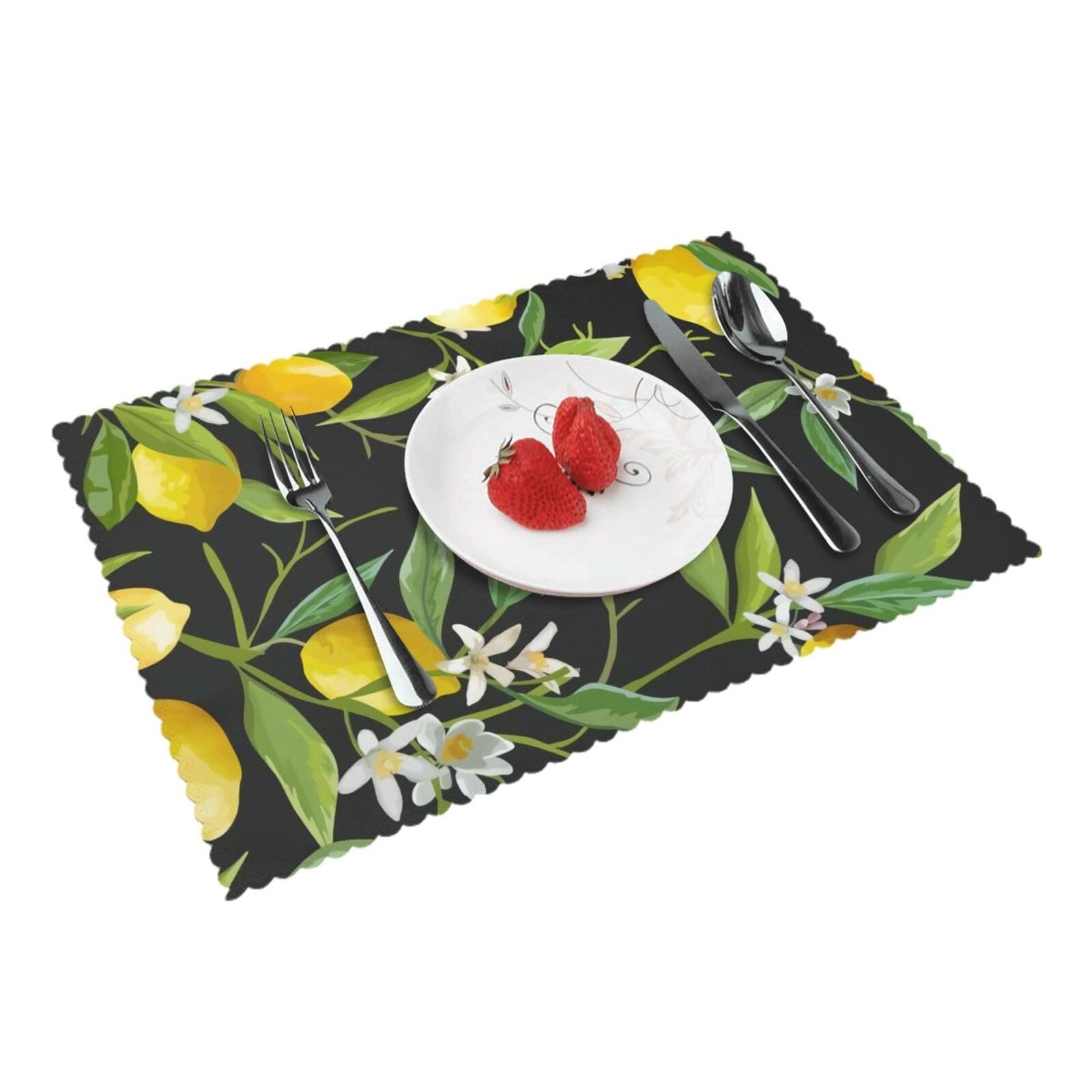 Lemon and Flower Printed Placemats Set of 4 PCS Washable Placemat for Kitchen Table Heat-resistant Table Mats 45x30 CM