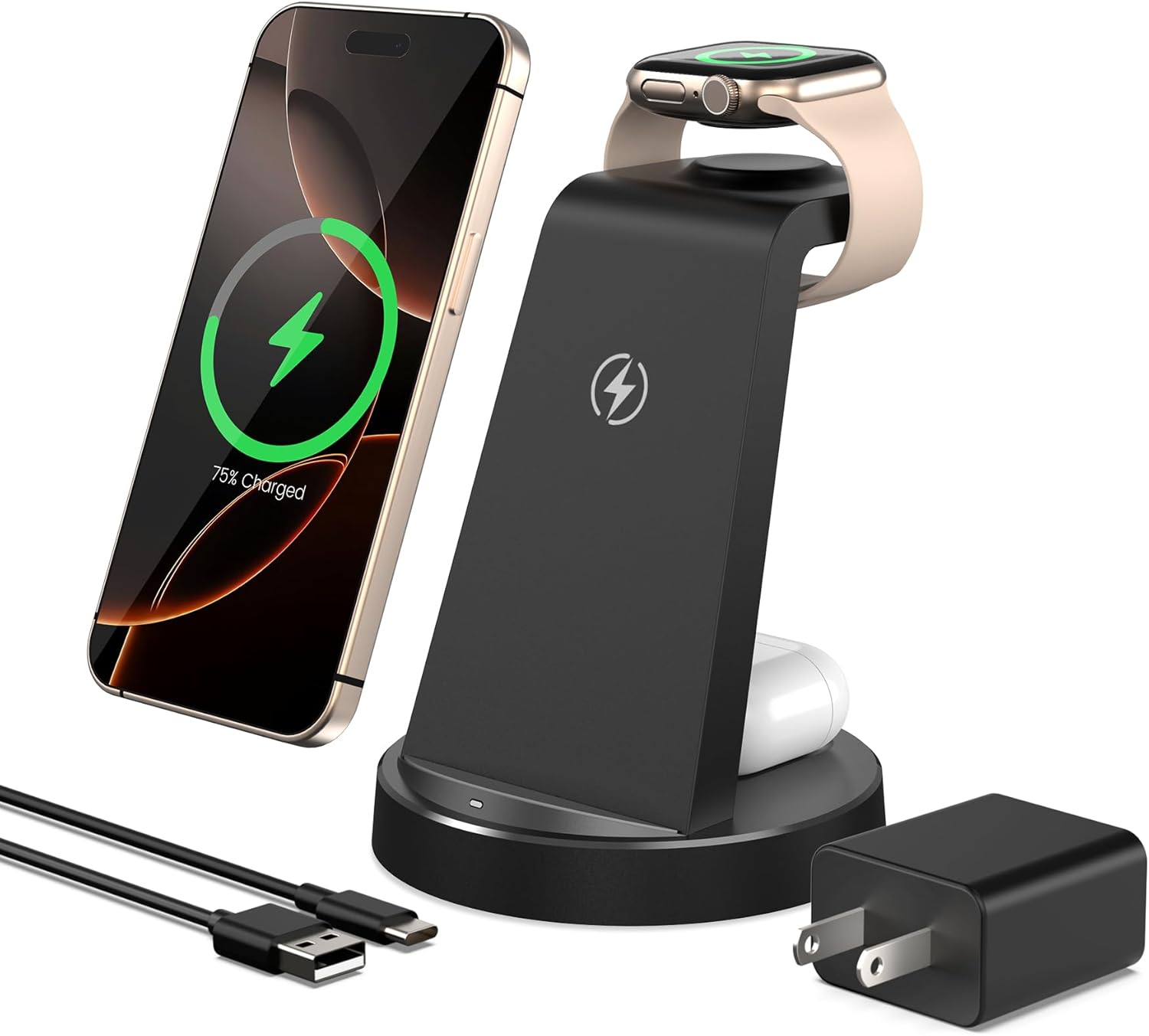 Charging Station for iPhone Charger Stand: 3 in 1 Wireless Charger for Apple iPhone 17 16e 16 15 14 13 12 Pro Max for Apple Watch 11-2 Series for AirPods 4 3 2 Pro - Wireless Charging Station, Black