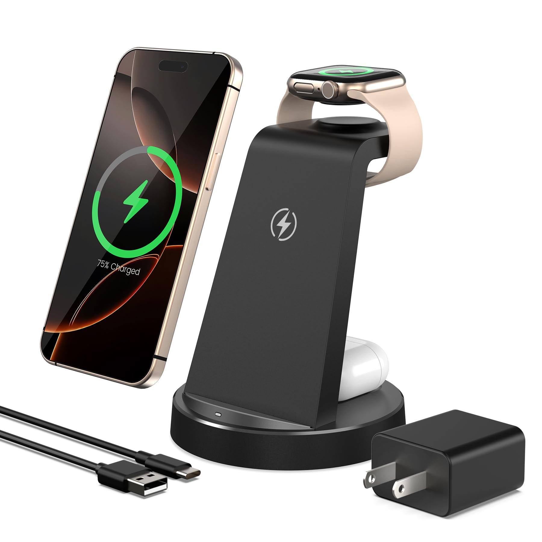Charging Station for iPhone Charger Stand: 3 in 1 Wireless Charger for Apple iPhone 17 16e 16 15 14 13 12 Pro Max for Apple Watch 11-2 Series for