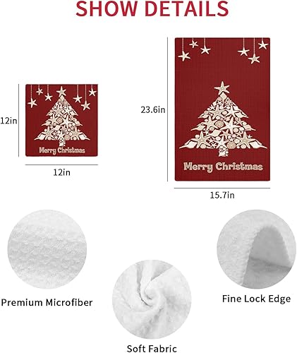 Miniatura 7 de Juego de 2 toallas de cocina de tejido de punto gofre de algodón, diseño de animales oceánicos de Feliz Navidad, árbol de Navidad, color rojo, 16 x