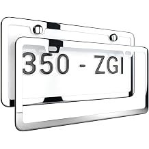 Gloss Silver License Plate Frame, Metal Thin Stainless Steel with 2 Holes Screw Cap, 2 Pack Glossy SilverMirror Finish