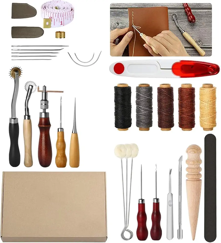 Kit Artesanato Couro 31 Peças com Ferramentas Costura Agulha e Linha