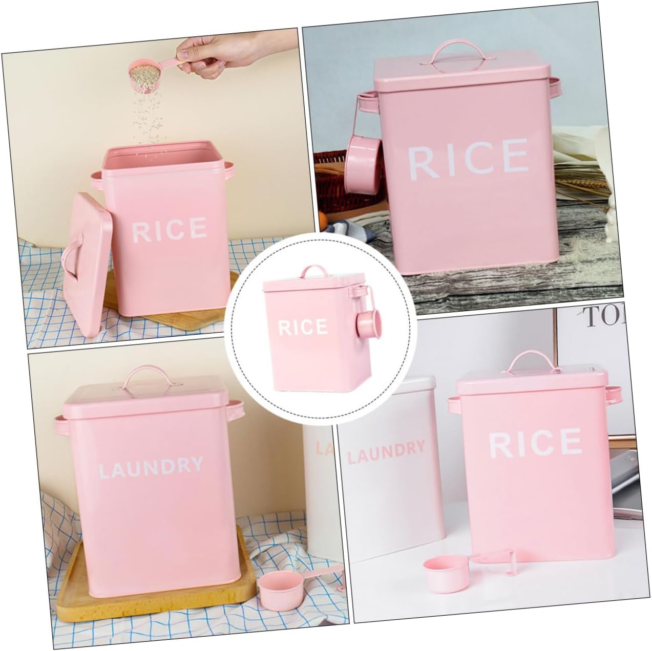 Kisangel Pet Food Storage Barrel with Lid, Pink Sealed Dog and Cat Food Container, Moisture-proof Steel Grain Bucket with Measuring Cup for Pet Supplies and Kitchen Rice Storage