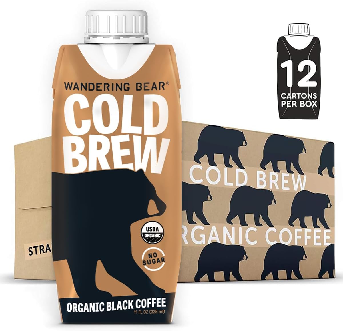 Straight Black Organic Cold Brew Coffee On-the-Go - Extra Strong, Bold, Smooth, Unsweetened, Shelf-Stable, Ready to Drink & Vegan, 100% Organic Iced Cold Brewed Coffee Drink -11 fl oz, 12 pack