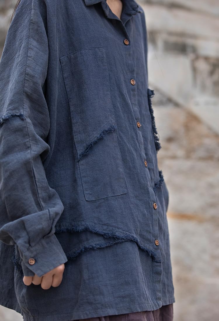 Women's Plus Size Linen Shirt Cotton Long Sleeve Button Down Blouse Loose Fit Casual Top with Pocket - Image 6