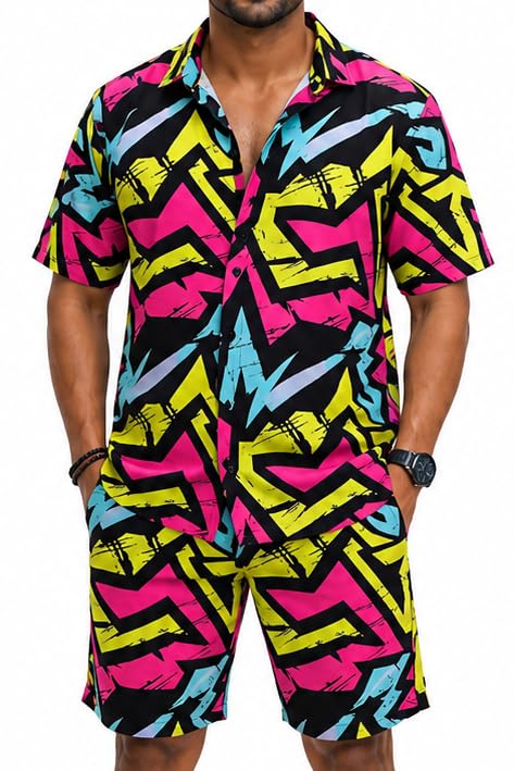 Image of BROWN CULTURE Men's Cotton Blend Printed Co Ord Set | Casual Matching Shirt and Shorts | Relaxed Home Wear | Comfortable Night Suit | Lounge Outfit | Everyday Leisure Clothing