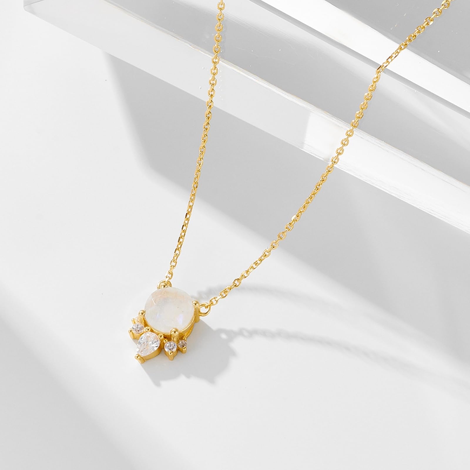 Halskette 18k/14k/9k Echtgold Damen, Halskette mit Anhänger Elegant mit Mondstein und Labor Diamant, Echtschmuck Kette Verstellbar 40+5 cm
