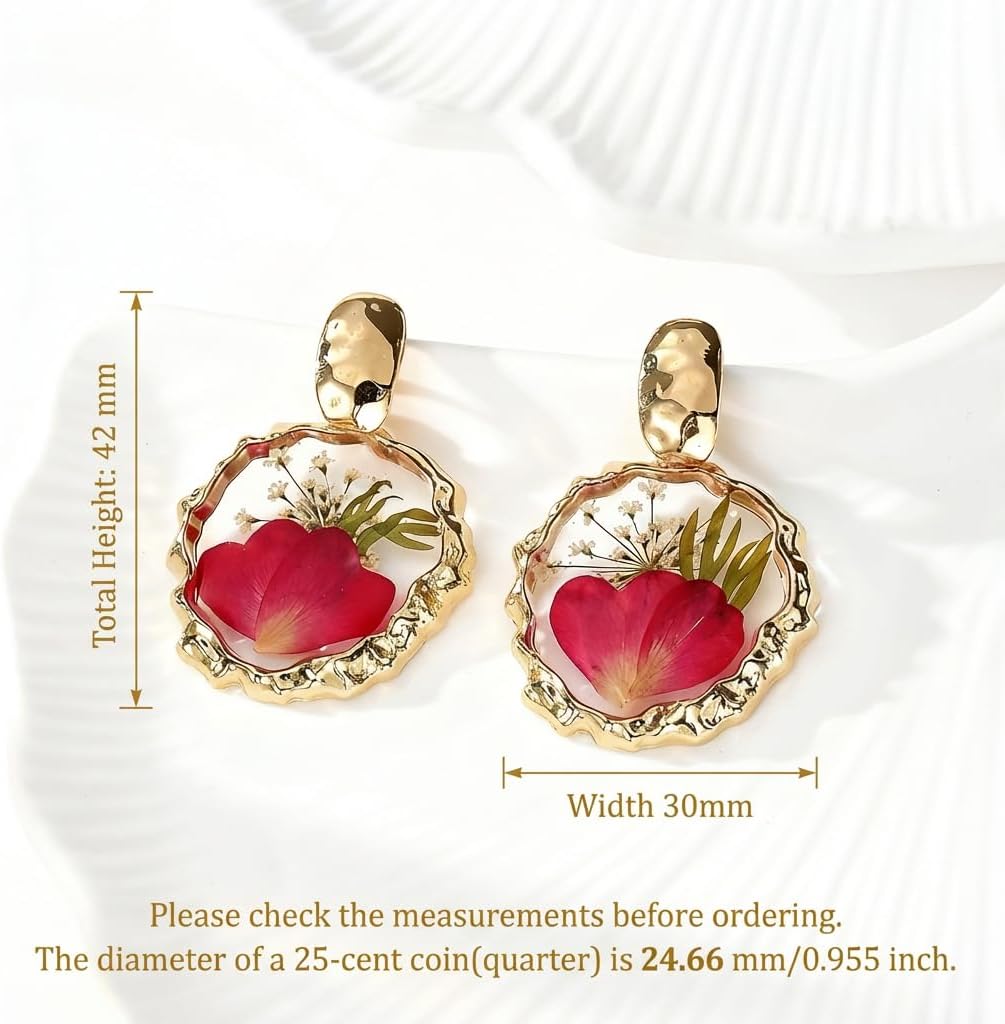 Real Pressed Flower Dangle Earrings for Women, Handmade Boho Chic Floral Jewelry, Gold Tone Earrings Unique Pretty Valentine’s & Mother’s Day Gift for Women Girls Best Friend - Image 2