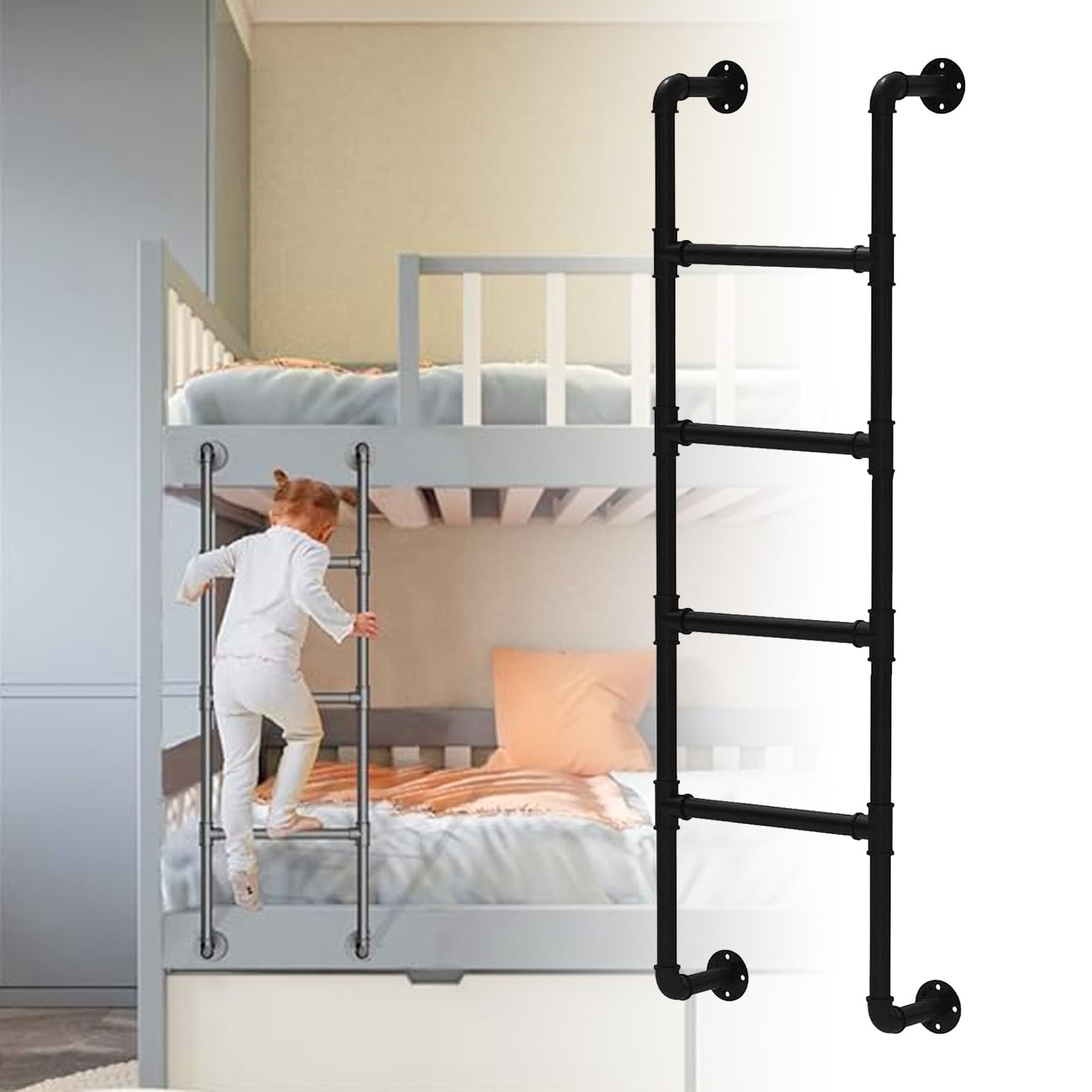 Black Metal Loft Bed Ladder Wall Mounted Wrought Iron Entrance Egress Ladder Heavy Duty Step Ladders for Home Safety Indoor Outdoor Climbing Ladders(155cm/61in)