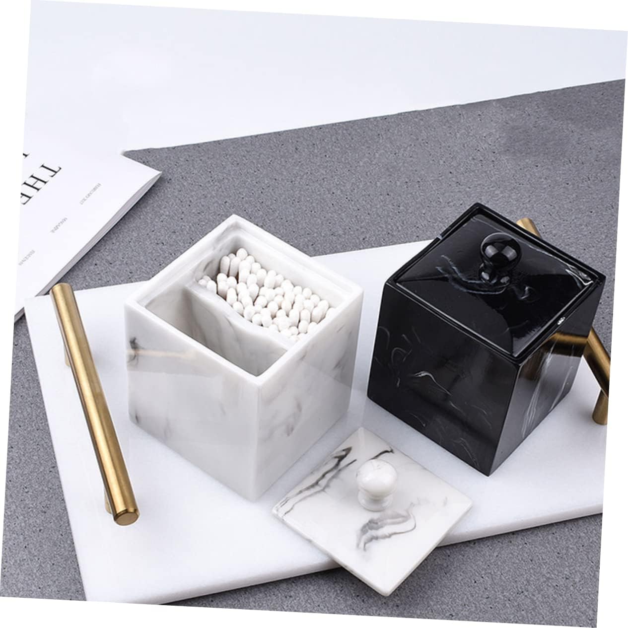 2pcs Marble Cotton Swabs Holder and Makeup Cotton Pads Organizer Double Grids Resin Storage Box for Bathroom Dresser and Office Lid White