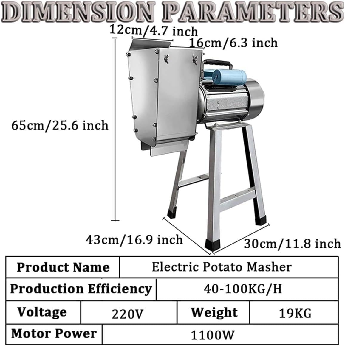Professioneller elektrischer Kartoffelstampfer, 1100 W Kartoffelstampfer aus Edelstahl, Präzisionsmahlwelle und -Getriebe, Produktionseffizienz 100–200 kg/Stunde, für Knoblauch, Tomaten