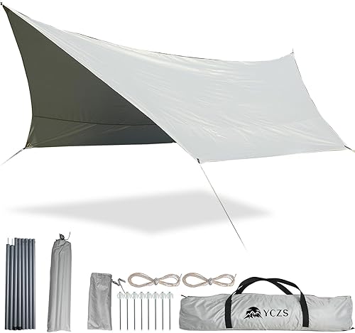 Juego de lona de campamento, 14 x 12 pies, toldo de protección solar y lluvia, impermeable, aislante del calor, diseño hexagonal, fuerza uniforme,