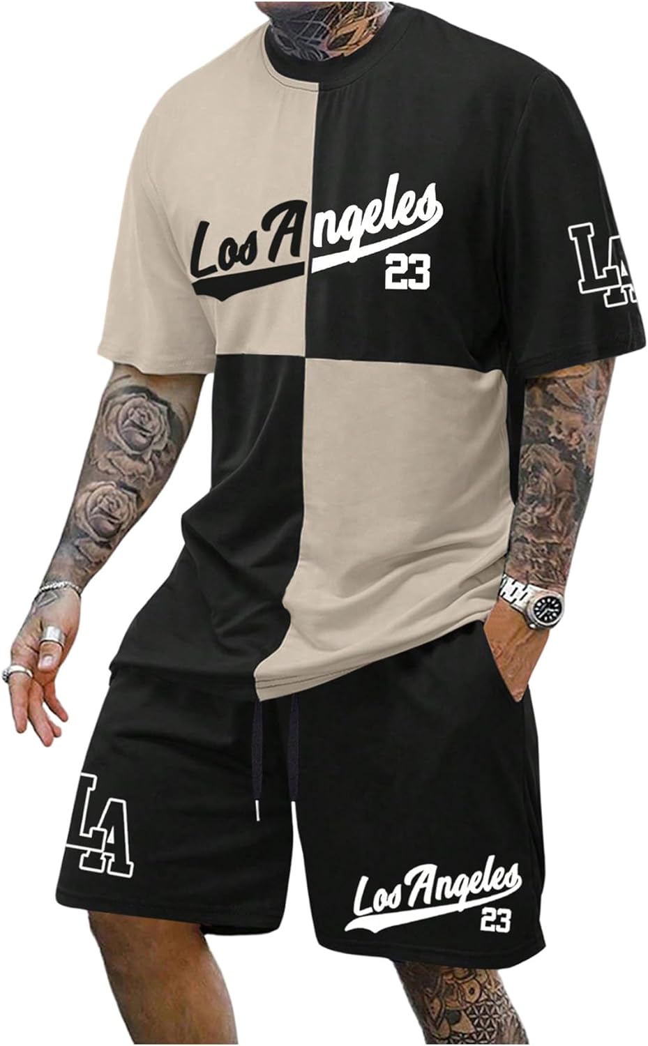 WDIRARA Men's 2 Piece Short Sets Graphic Print Short Sleeve T Shirts and Drawstring Shorts Clothing Set