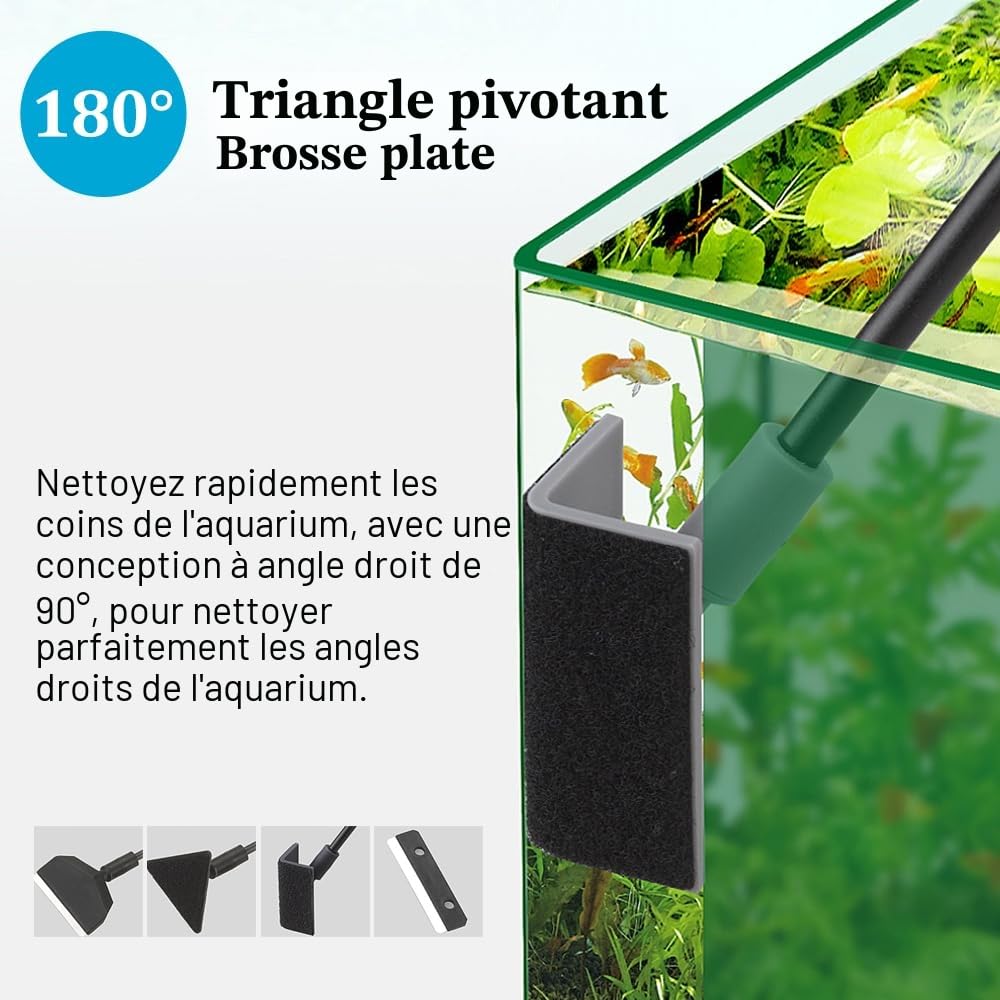 Kit de nettoyage pour aquarium – Kit d'outils de nettoyage 3 en 1 avec tige amovible de 35,6 cm, ensemble d'outils de nettoyage d'aquarium, grattoir à algues avec lame de rechange, brosse plate