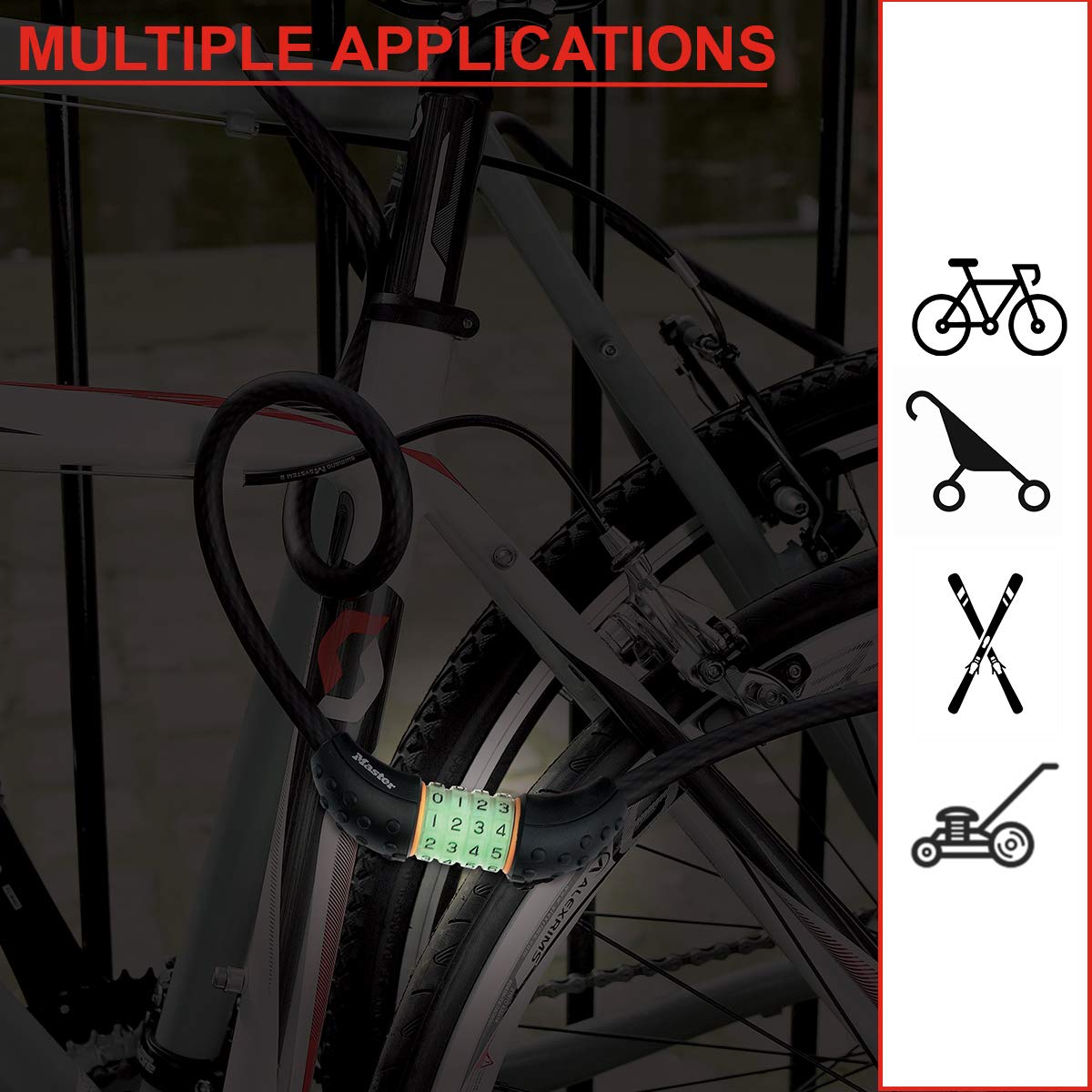 MASTER LOCK Cable Antivol Vélo [1,8 m Câble] [Combinaison] [Extérieur] [Support Fixation Vélo] 8190EURDPRO - Idéal pour Vélo, Vélo Electrique, Skateboard, Poussettes, Tondeuses et autres Equipements