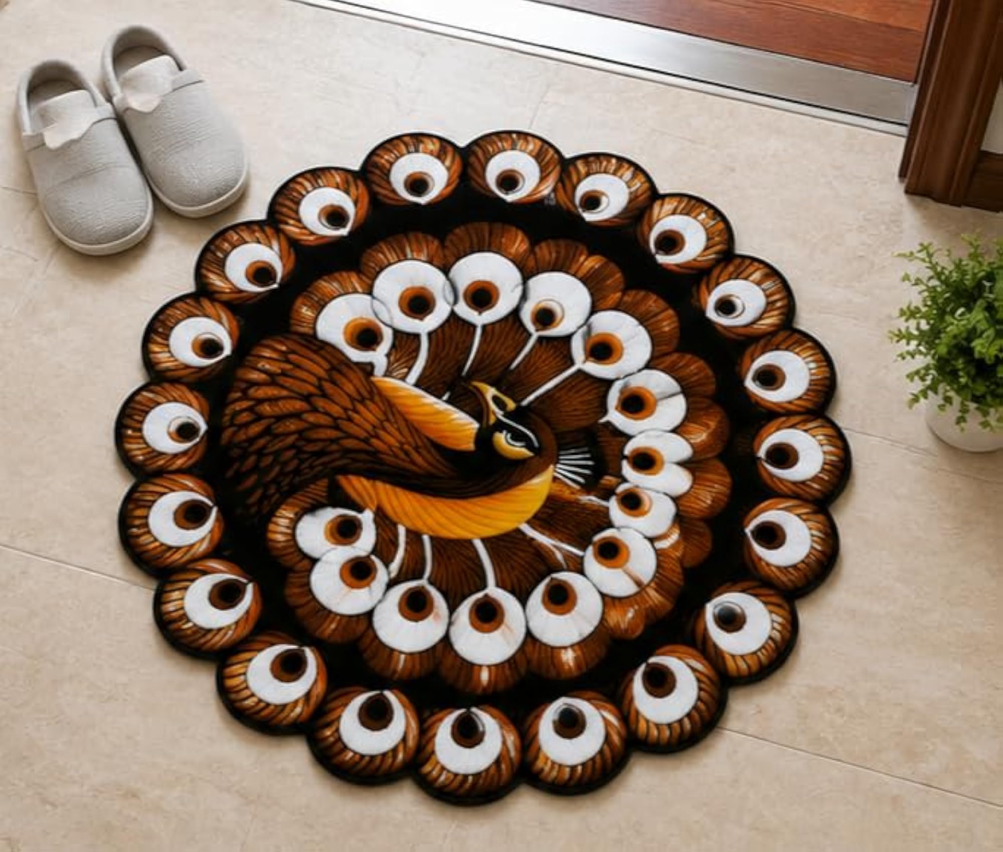 3D Printed Decorative Door Mat, Brown Peacock, 25x25 Inch