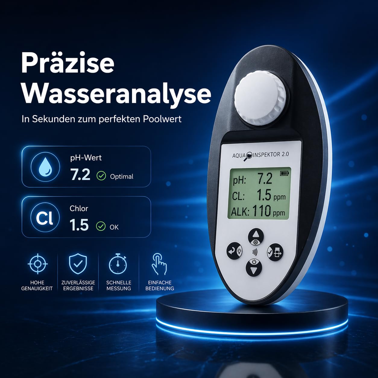 poolomio® Pooltester Digital mit NFC & App - Wassertester 11 Parameter | Messgerät für Pool, Whirlpool & Spa, misst Chlor, pH, Brom, Alkalinität u.v.m., IPX7 wasserdicht, inkl. Reagenztabletten