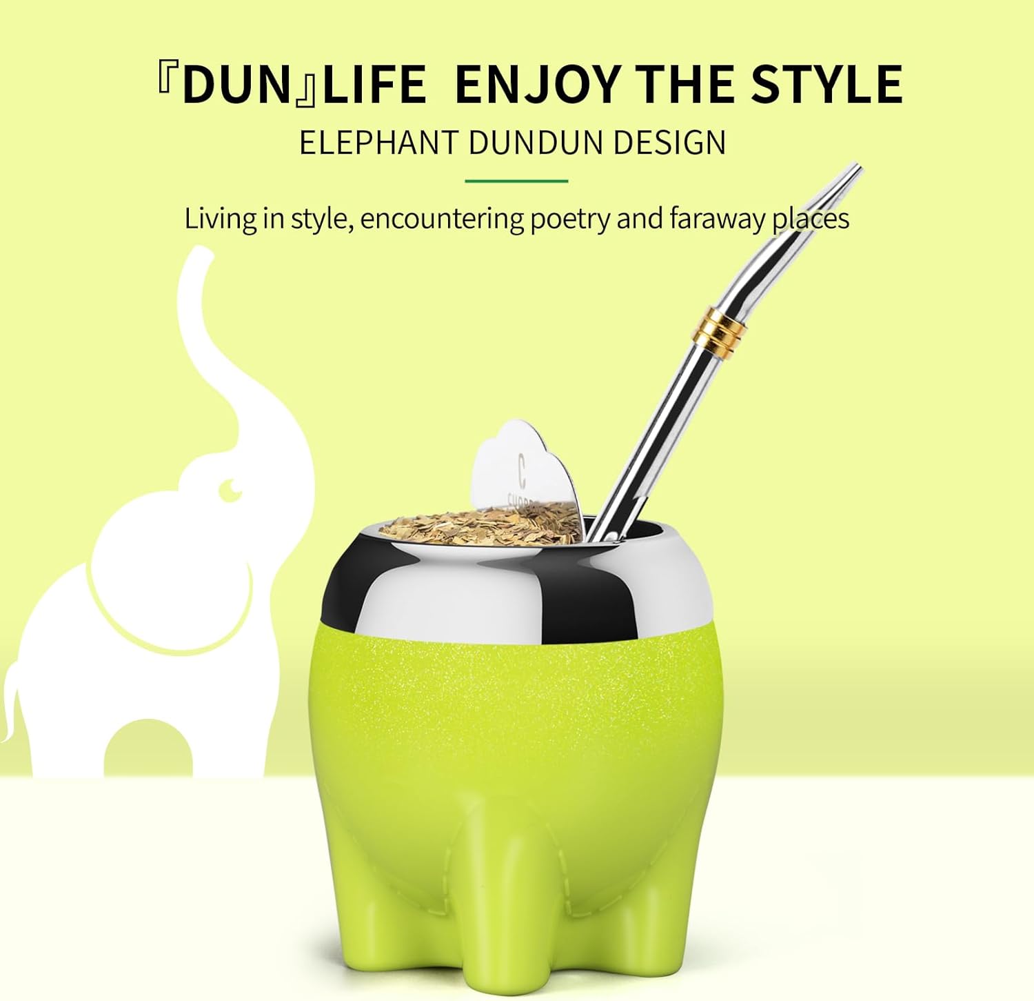 Cuopru Premium Yerba Mate Cup 5 in 1 Set, Including Cute Elephant Style Stainless Steel Gourd, Bombilla Straw and Tea Shaper Set, 5.4oz, Gift for Women Drinking Cup