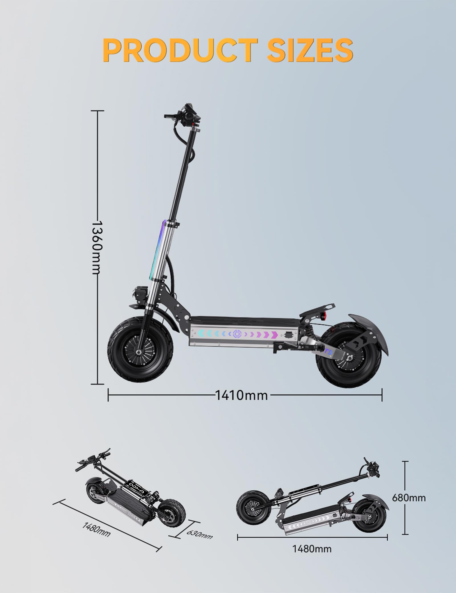 OOTD T90 Patinete Electrico Todo Terreno para Adultos - Doble Motor（Pico 6000W, Electric Scooter con Batería 60V 31.2AH para Autonomía 120KM, Neumáticos de 13" y Dobles Frenos Disco Hidráulicos