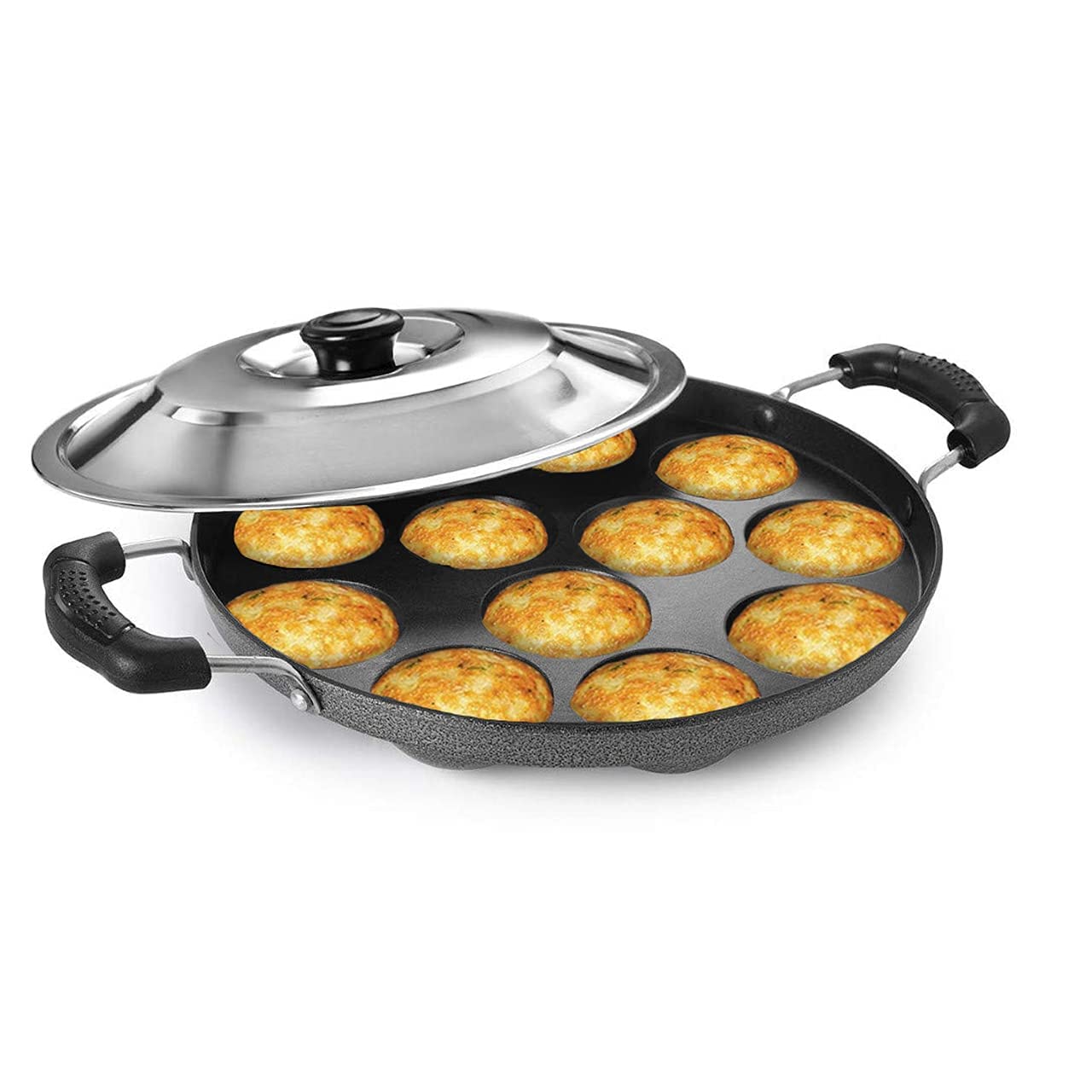 KIDIIG - Heavy 12 Cavities Non Stick Appam Patra with Stainless Lid,Red (Paniyarrakal/Paniyaram/Appam Pan/Maker/Pan Cake Maker), Aluminium, Red