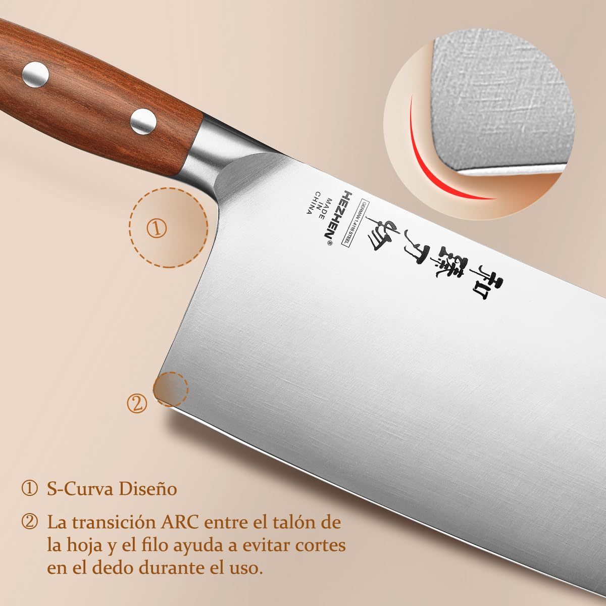 HEZHEN 18cm Cuchillo de Cocinero Chino Acero Alemán, Cuchillos de Carne Profesional, Cuchillos de Verdura y Fruta, Manico Ergonomico