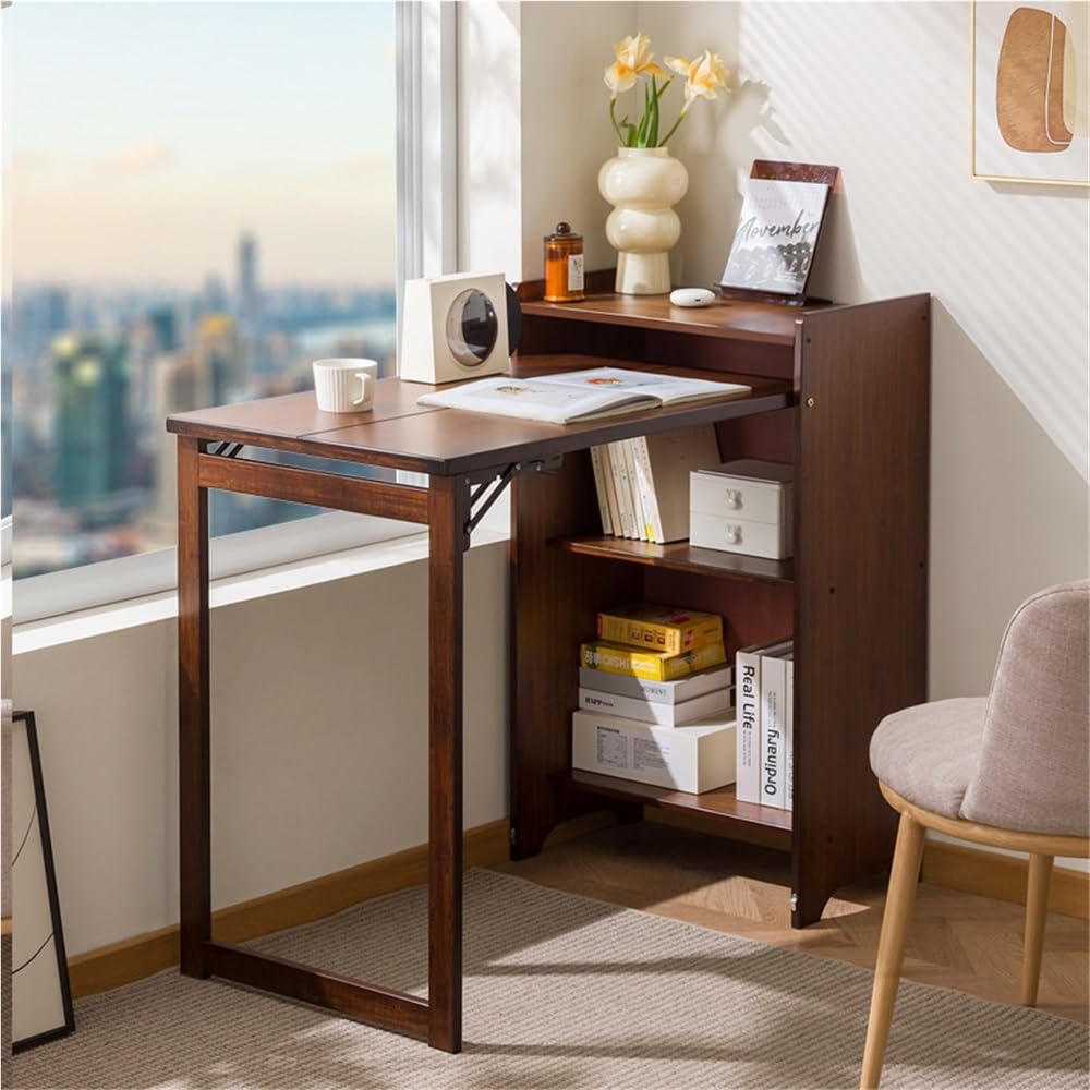 NQRTGFB Foldable Bamboo Desk with Storage Rack, Folding Desk with Bookshelf, Mid Century Modern Laptop Table, Multifunctional Writing Table for