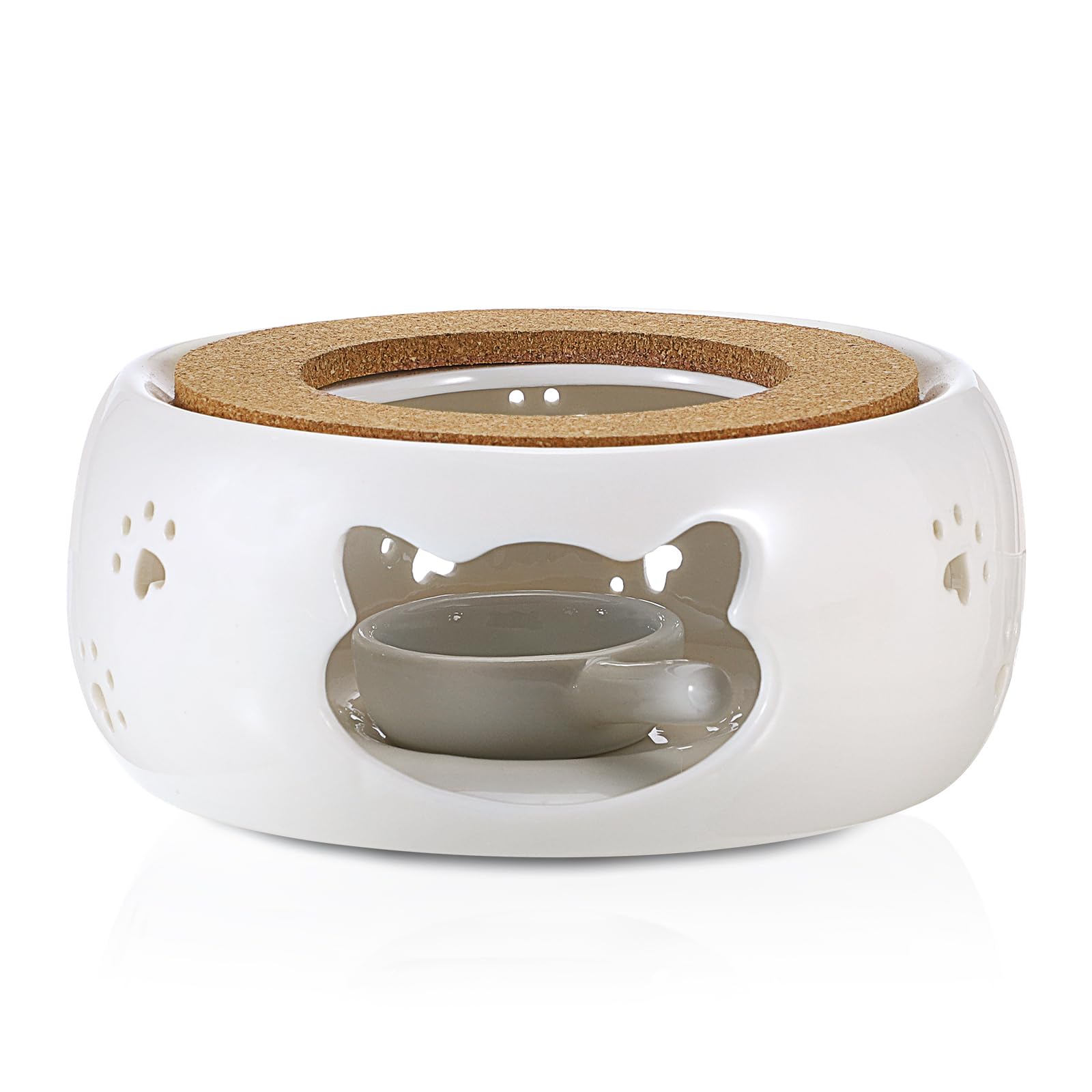BSTKEY Ceramic Teapot Warmer with Spoon Cork Cushion, White Cat Pattern