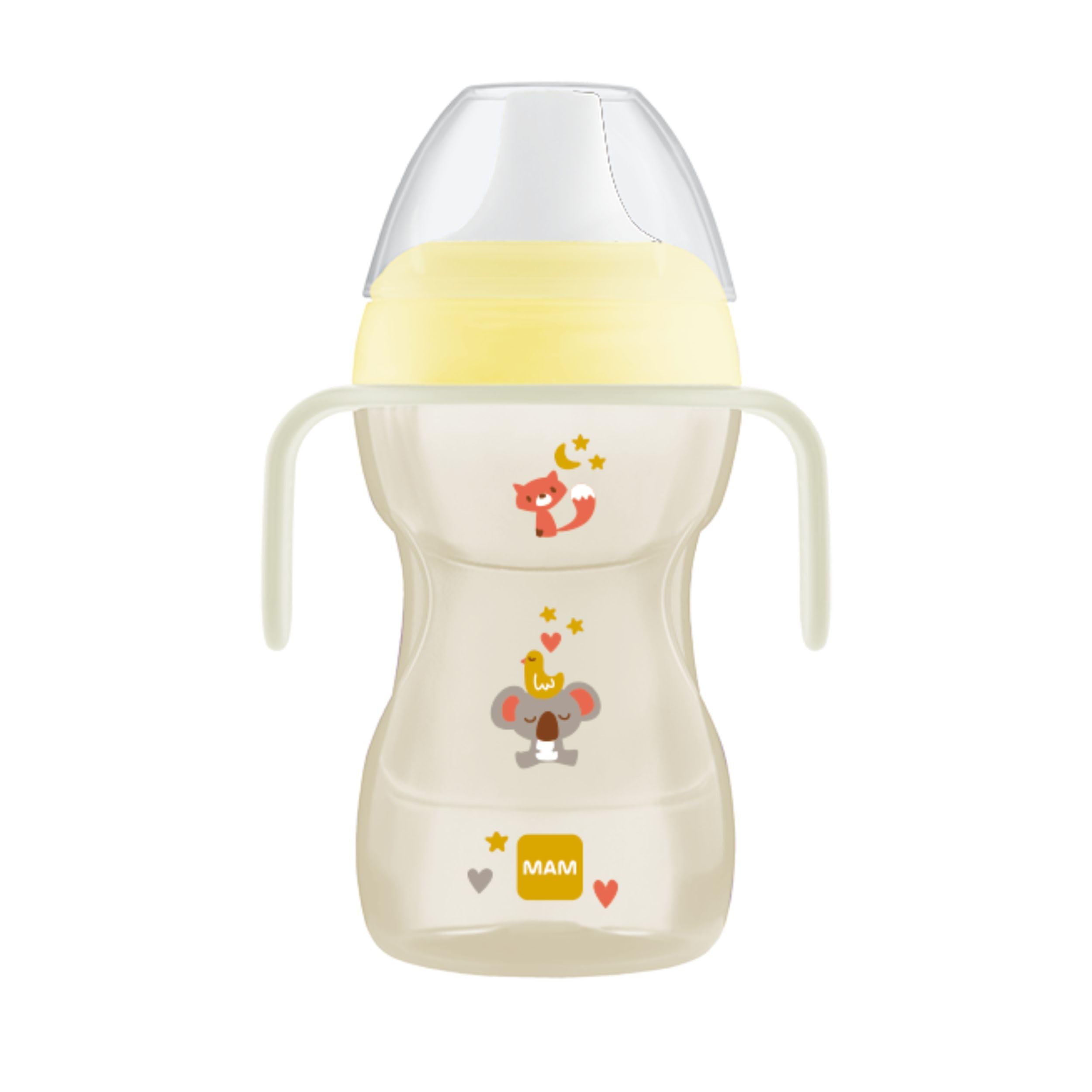 MAM Fun to Drink Cup Tazza bambini 270 ml, Biberon acqua e latte per neonati 8+ mesi con beccuccio anti-goccia e valvola per flusso libero, Borraccia neonato con pratici manici antiscivolo, Neutro