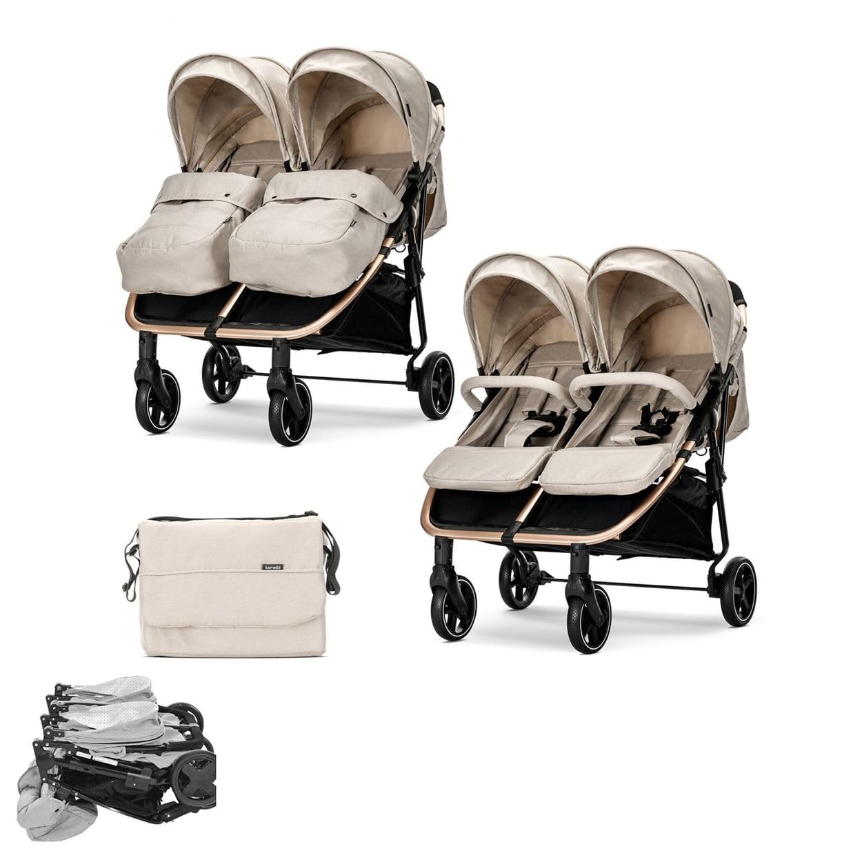 Lorelli Zwillingskinderwagen Duo, Zwillingsbuggy klein faltbar für 2 Kinder, sehr leicht, Zwillingswagen nebeneinander, Geschwister Kinderwagen kompakt zusammenklappbar, Beige