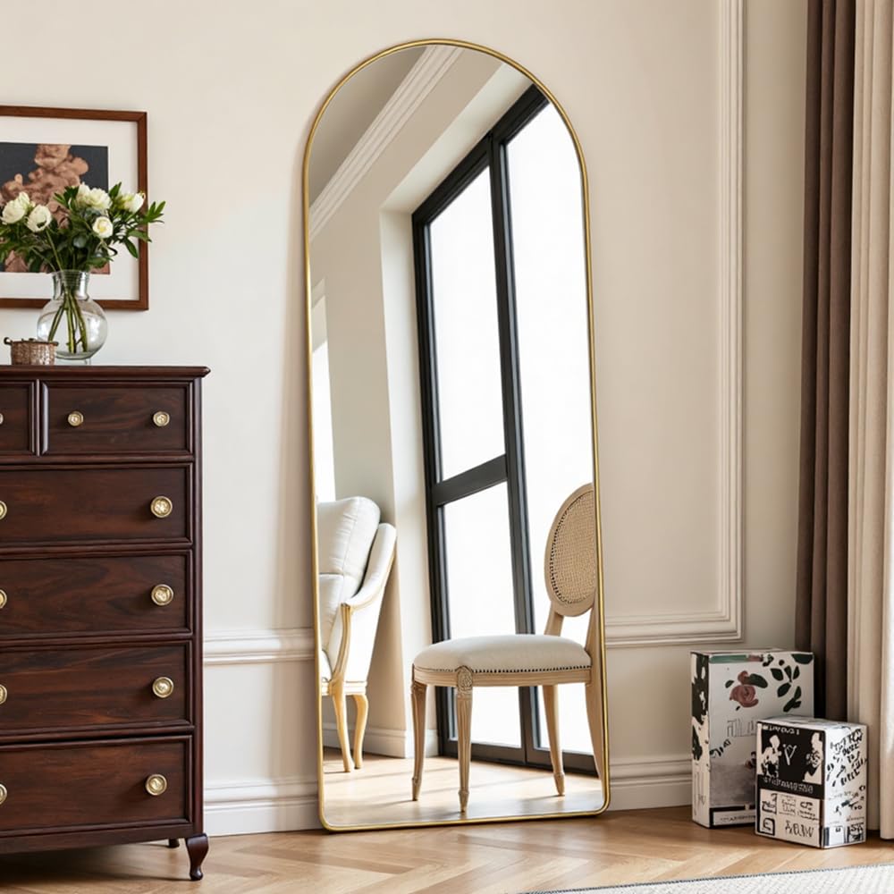 OGCAU Full Length Floor Arch Mirror, Big Wall Mirror Standing Hanging or Leaning Against Wall for Bedroom, Arched-Top Mirror, Large Arched Mirror for Living Room (Gold)
