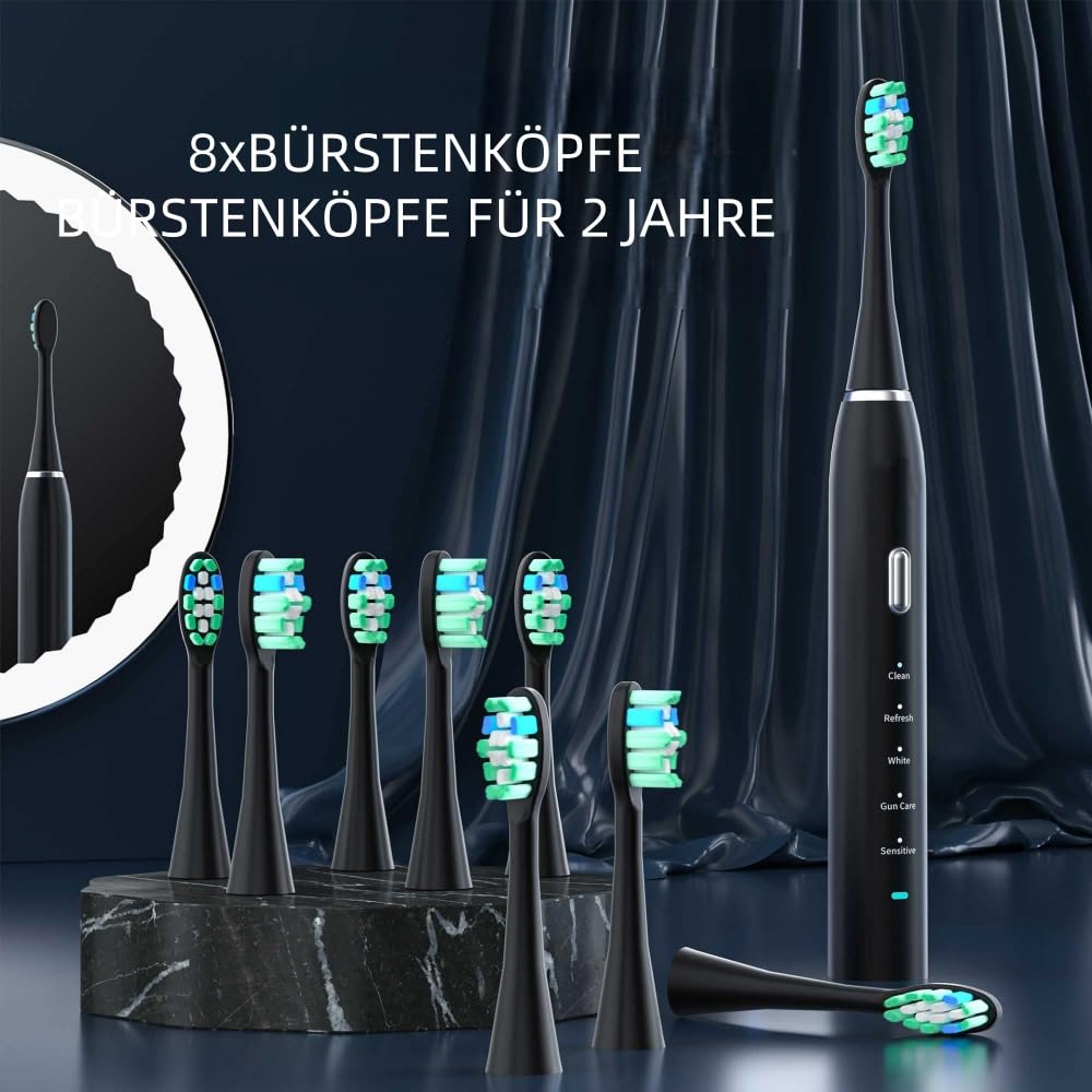 ProSonic V1 – Professionelle Zahnreinigung mit Schalltechnologie für glattere Zähne und optimale Mundhygiene Elektrische Schallzahnbürste - Reiseetui, Ladestation, 5 Putzmodi, 8 Bürstenköpfe