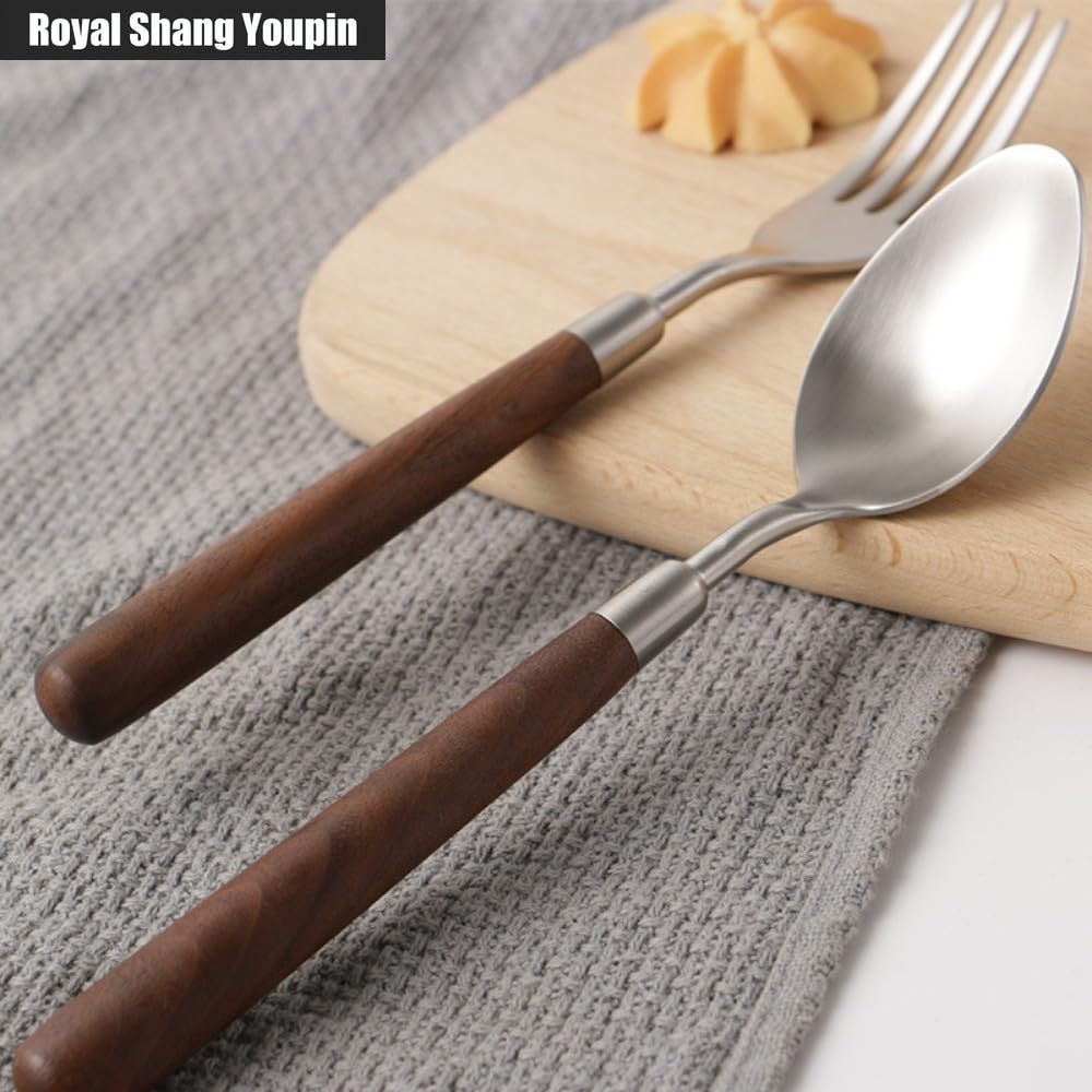 Manico in Noce Massello Cucina Acciaio Inossidabile Posate Stoviglie Posate Coltelli Forchette Cucchiai Set, Coltello Da Bistecca E Forchetta Per Hotel (Punta Cucchiaio 12 pezzi)