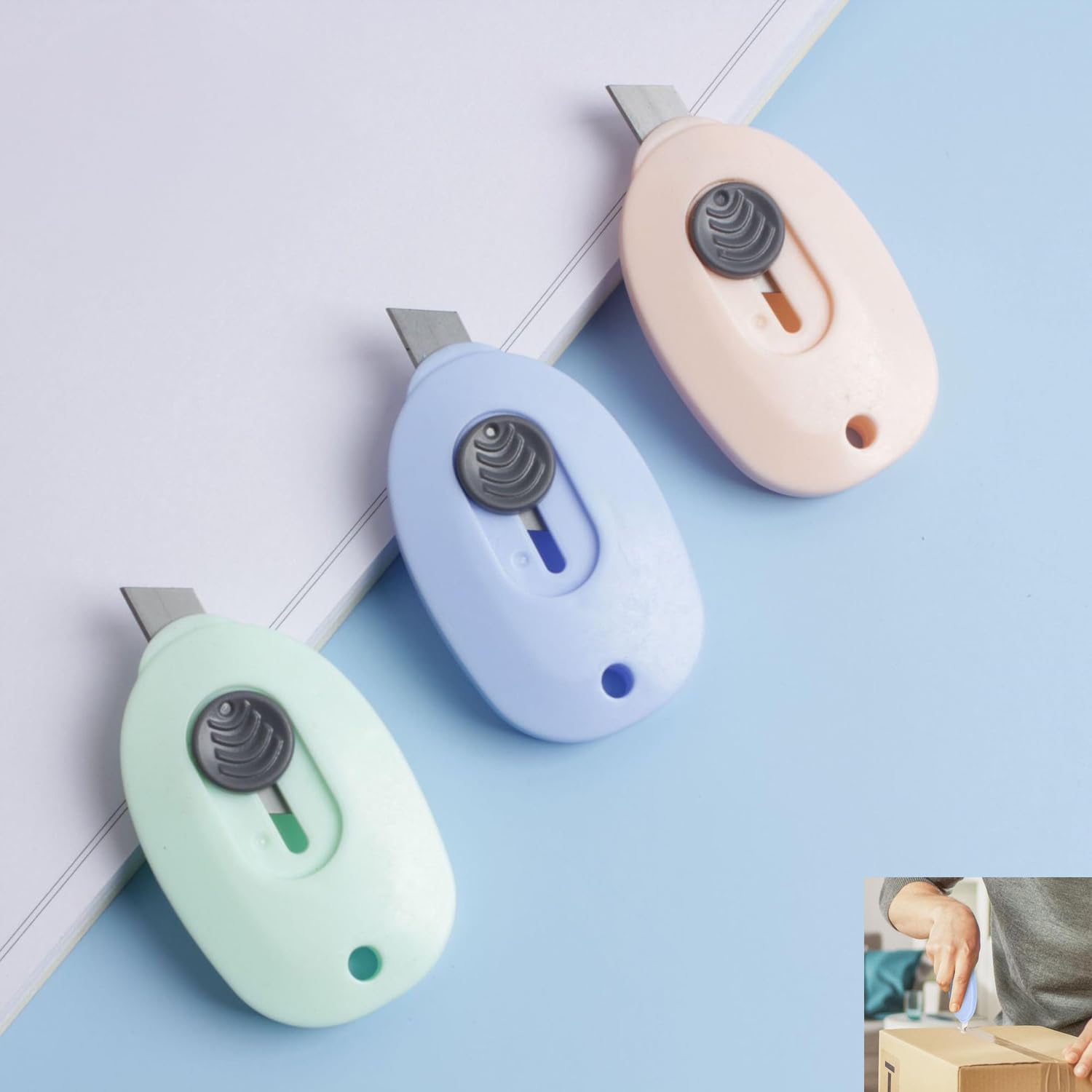 Joyzzz Mini Safety Cutter, 3pcs Retractable Ceramic Utility Knife Set, Mini Safety Box Openers with Keychain Holes in Pink, Green, and Blue, Durable Blades for Easy Cutting and Portability