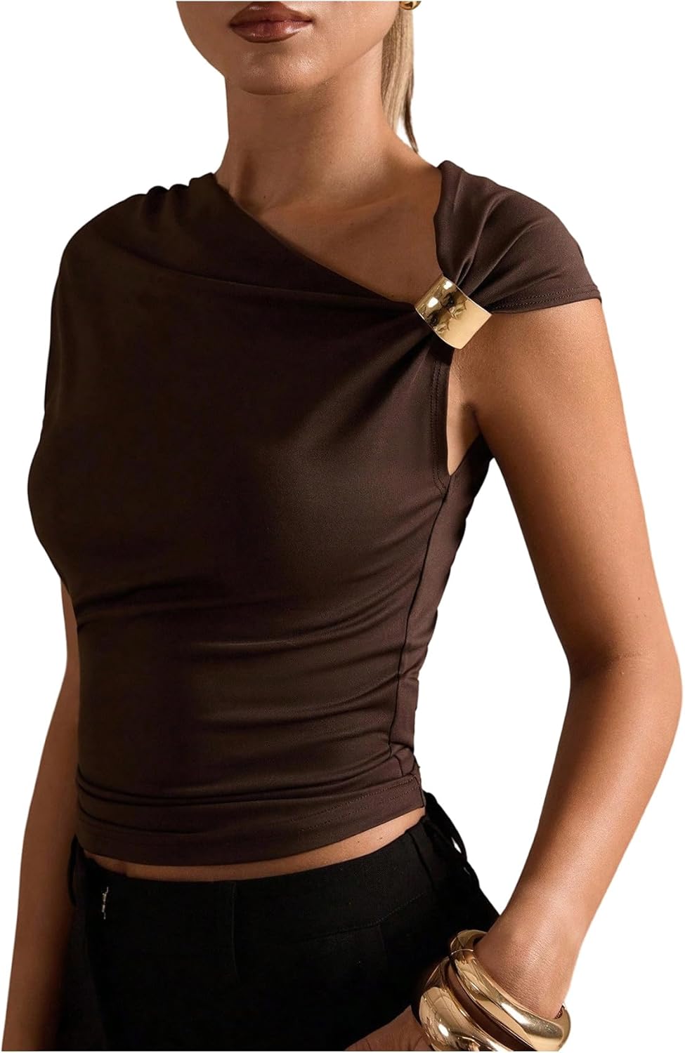 SweatyRocks Women's Asymmetrical Neck Ruched Metal T Shirt Slim Fitted Going Out Summer Tops - Image 6