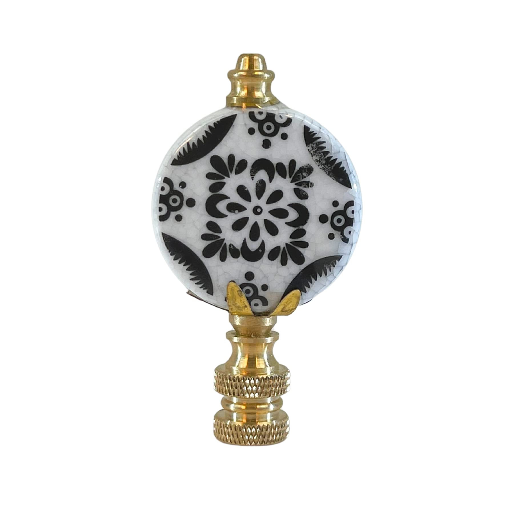 Royal Designs, Inc. Crackled Round Disk Black &amp; White Accent Finial for Lamp Shade, F-5303PB-1, Polished Brass - Pack of 1